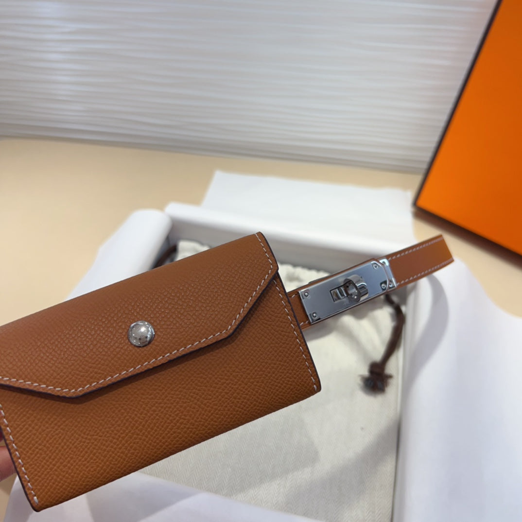 HM KELLY POCKET 18MM BELT CINNAMON BROWN LEATHER SILVER HARDWARE