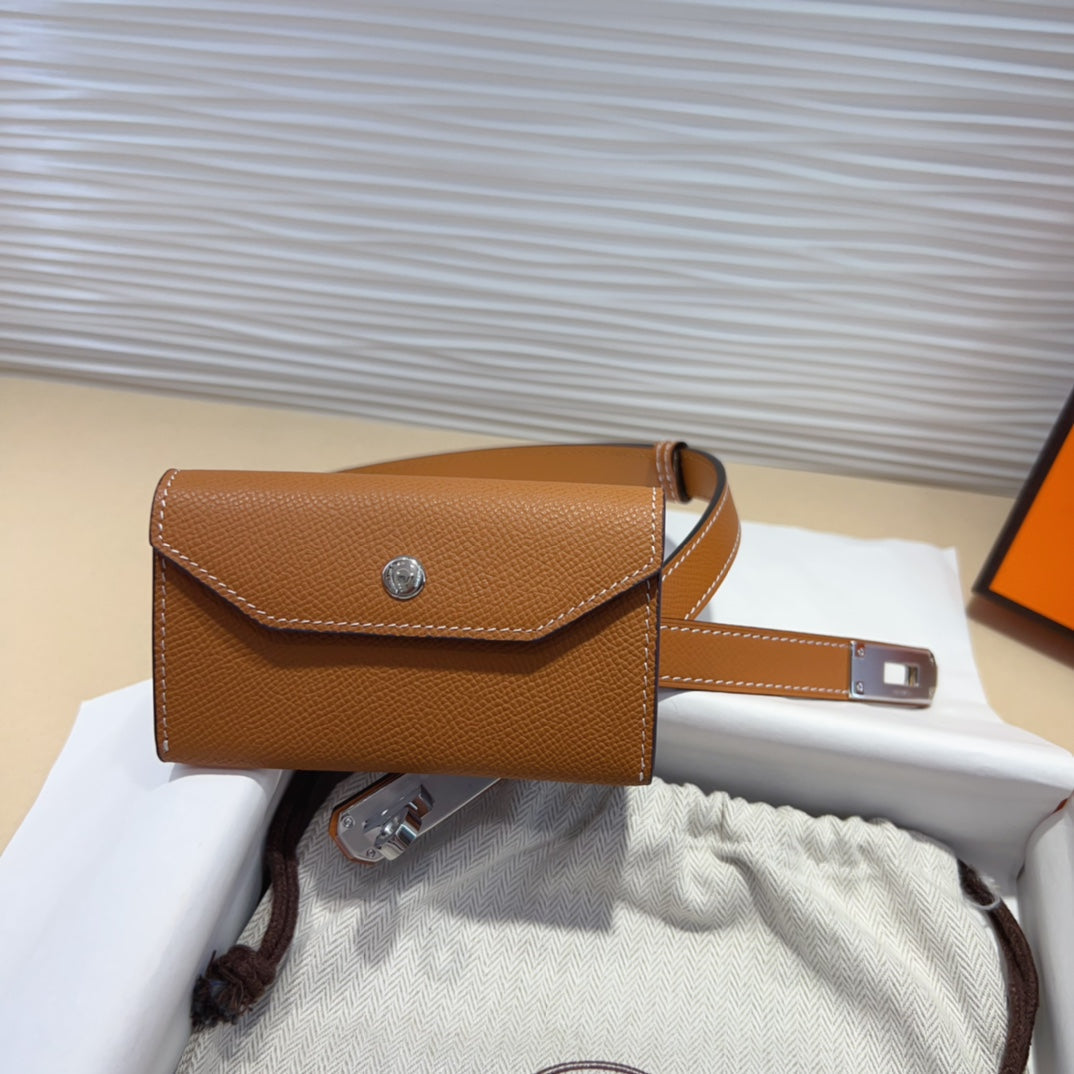 HM KELLY POCKET 18MM BELT CINNAMON BROWN LEATHER SILVER HARDWARE