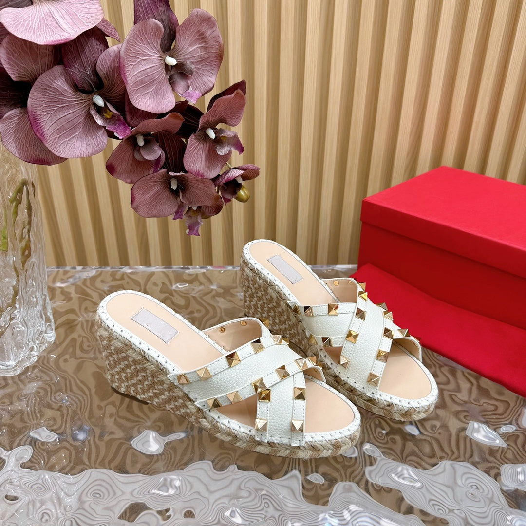 Rockstud Crisscross Espadrilles 80mm Sandal Wedges White