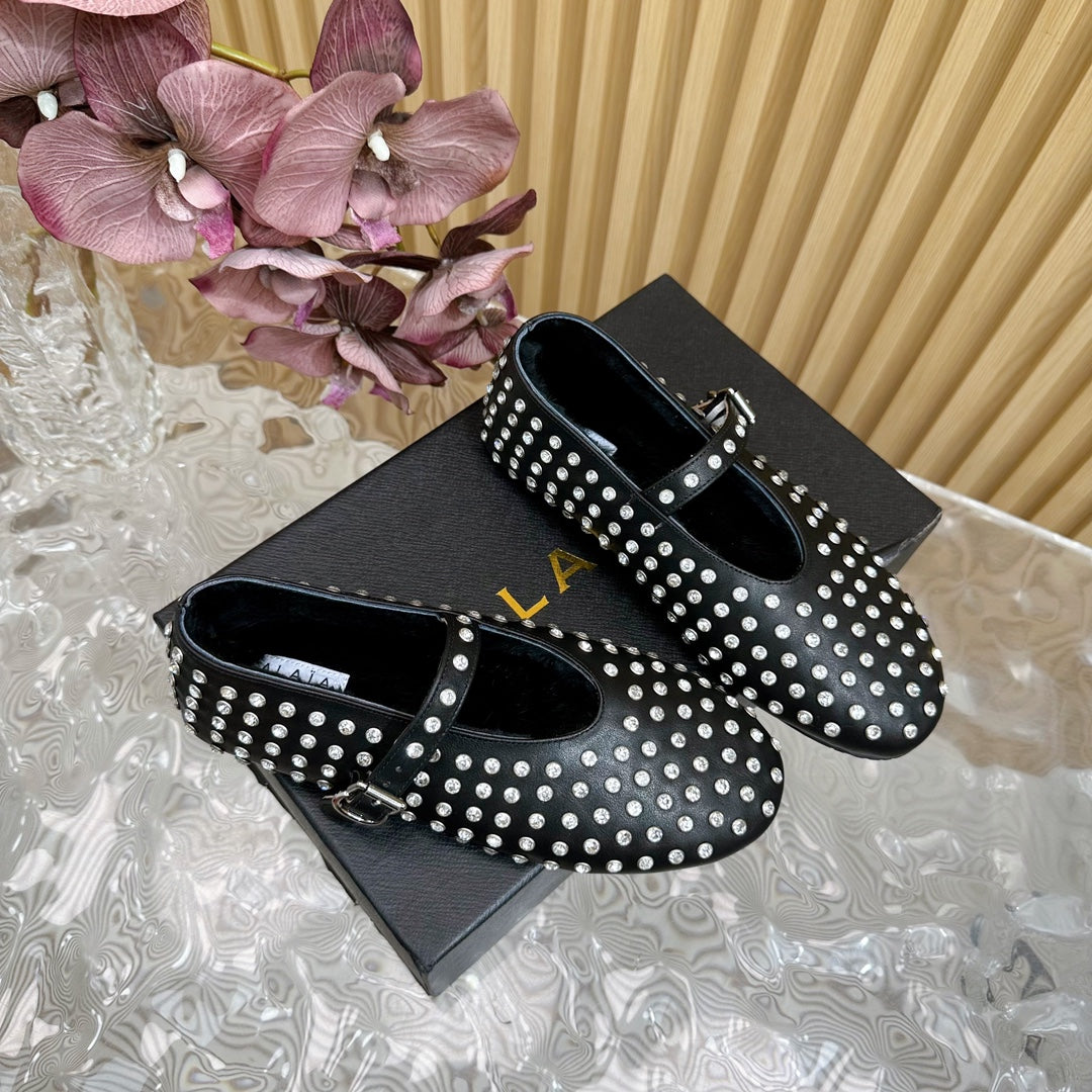 Alaia Strass Ballet Flats In Black Calfskin With Fleece Lining  926043
