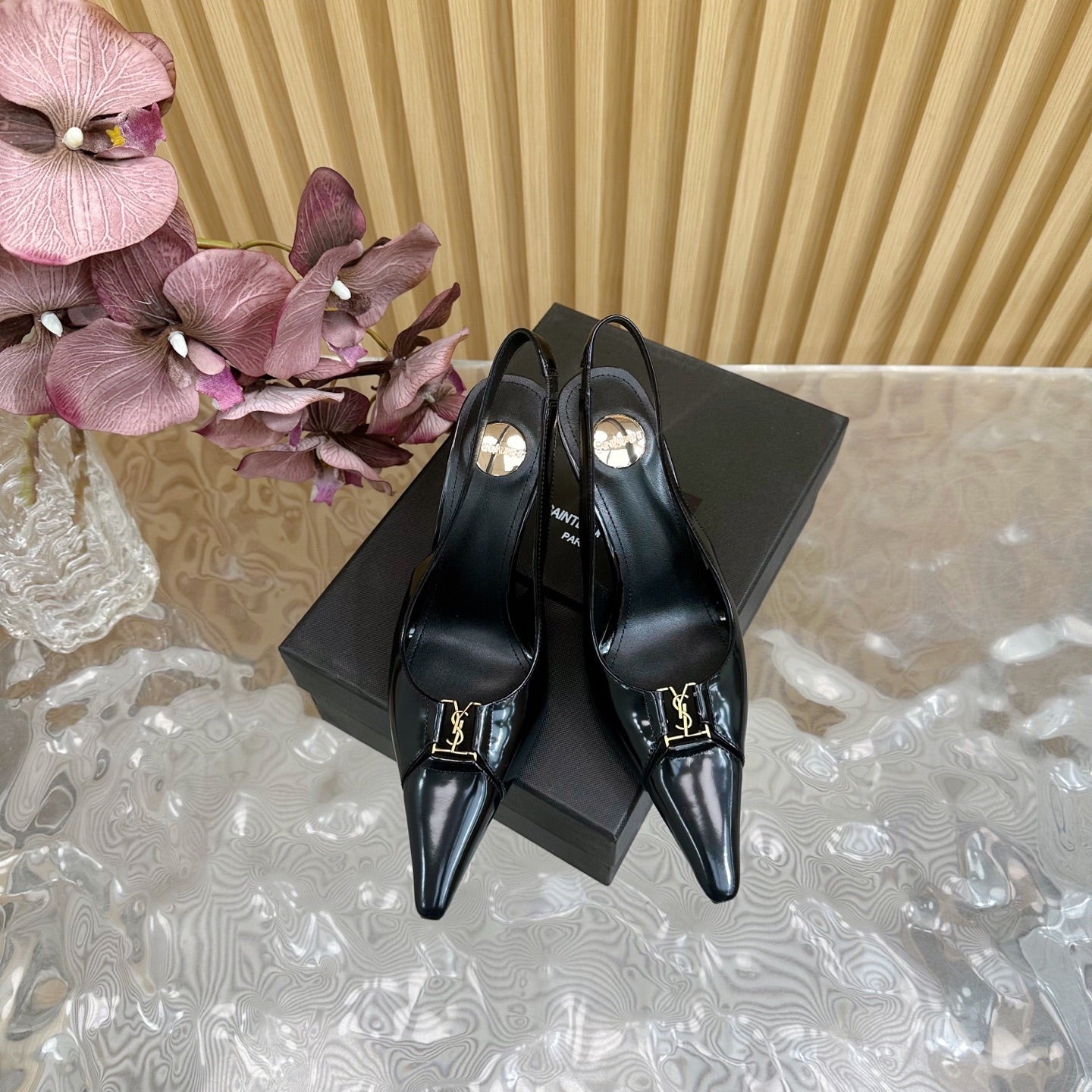 BABYLONE SLINGBACK PUMPS IN BLACK GLOSSY CALFSKIN