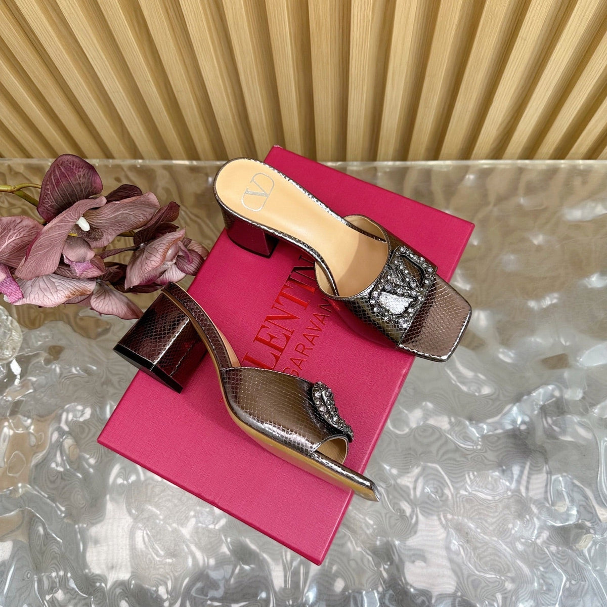 VT 25 Vlogo Mule Pink Gold Snakeskin Leather
