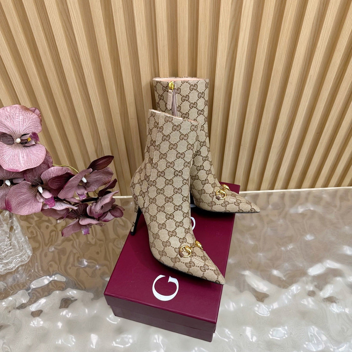 Gucci 2025 Thick-heeled Square-toed Ankle Boots Beige Gold Sheepskin Fabric 498067
