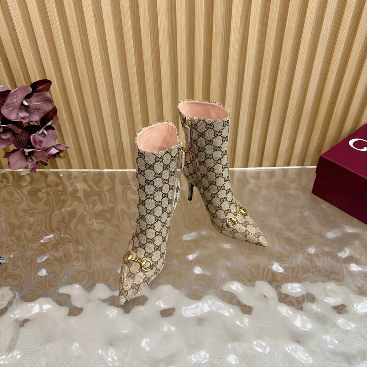 Gucci 2025 Thick-heeled Square-toed Ankle Boots Beige Gold Sheepskin Fabric 498067