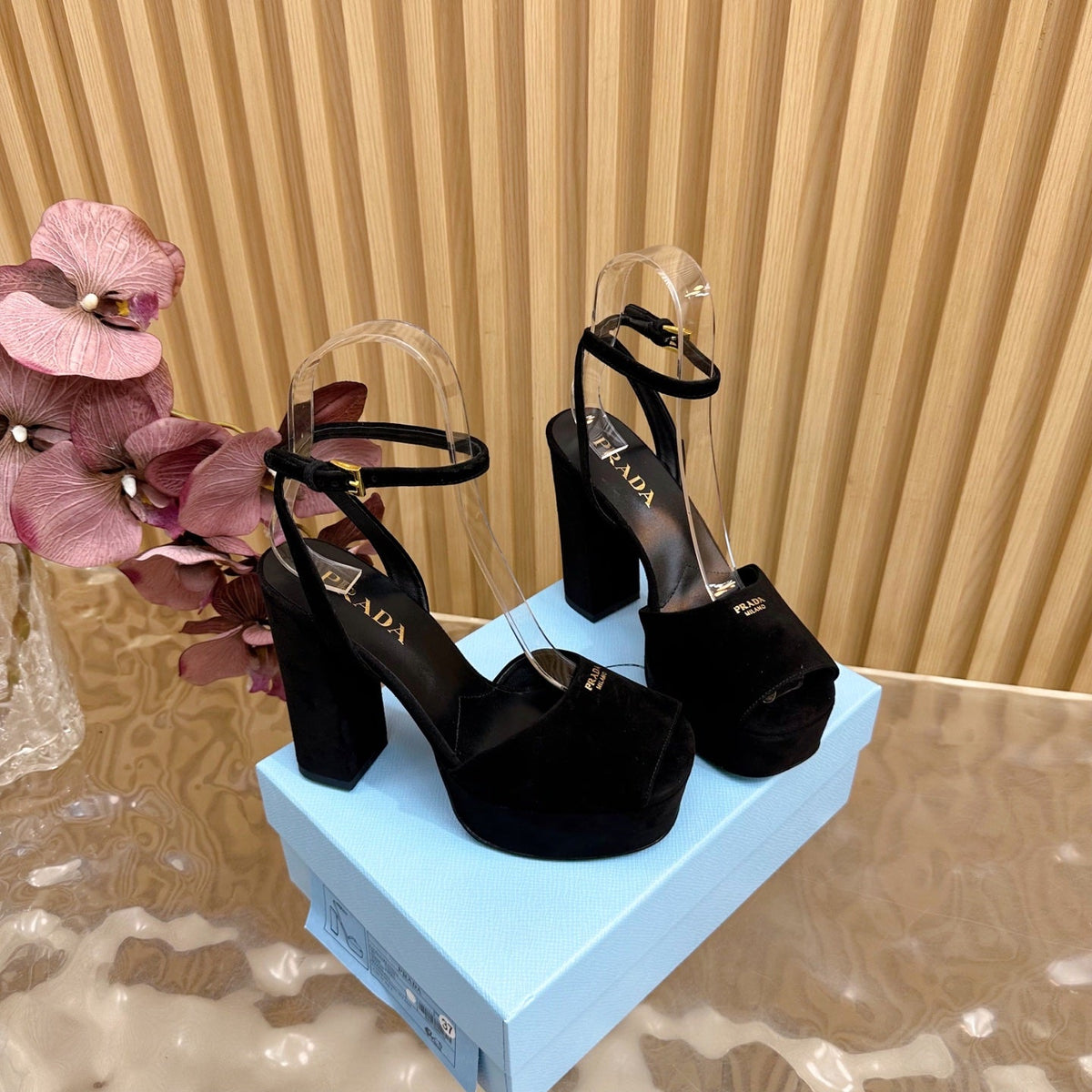 Prada 2025 Platform Sandals Black Velvet Leather 537730