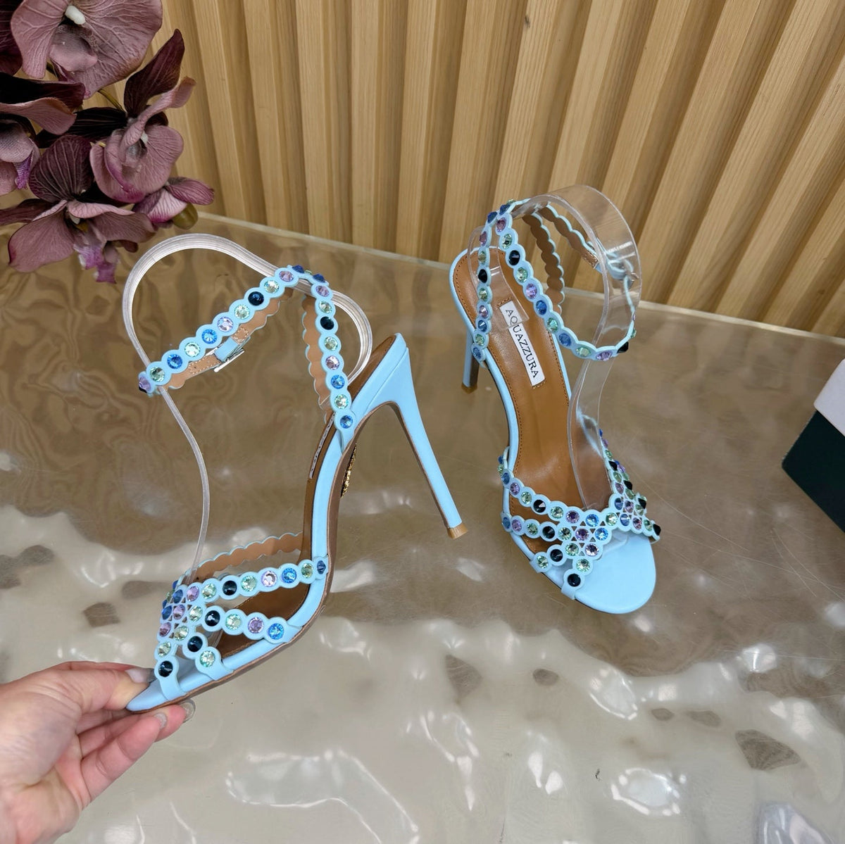 Aquazzura 2026 Tequila Crystal-embellished Sandal 105mm Blue Sheepskin 697684