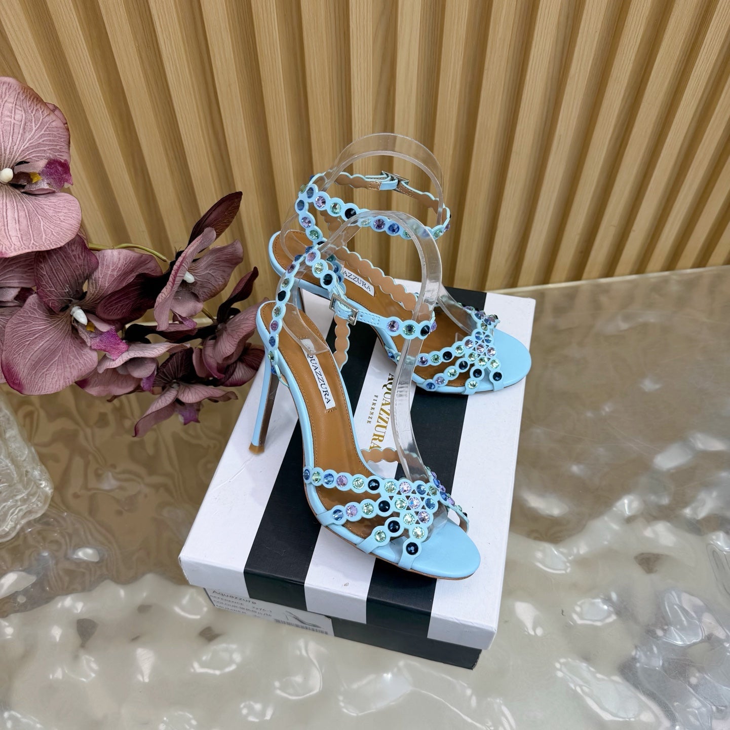 Aquazzura 2026 Tequila Crystal-embellished Sandal 105mm Blue Sheepskin 697684