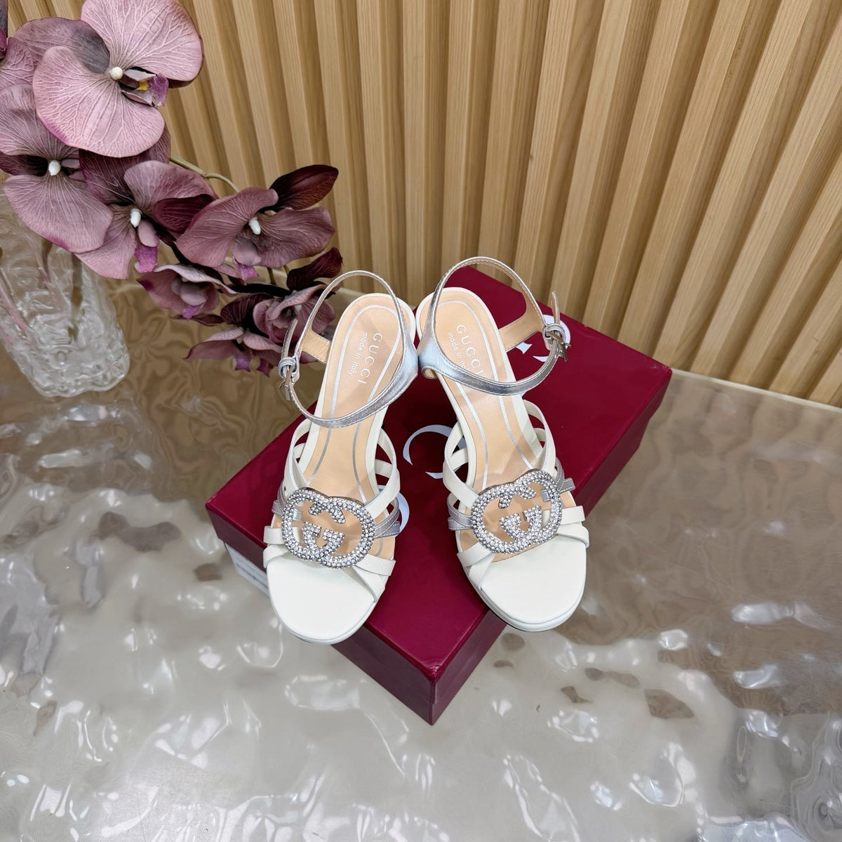GG 26 High-Heeled Platform Sandals 105 White Cowhide 589499