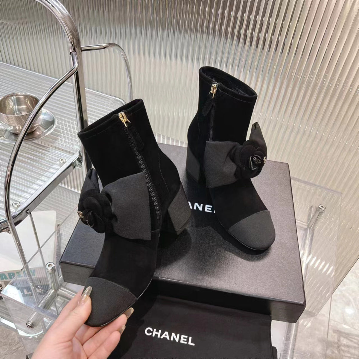 CC Short Boots 60mm Plain Black Camellia Suede