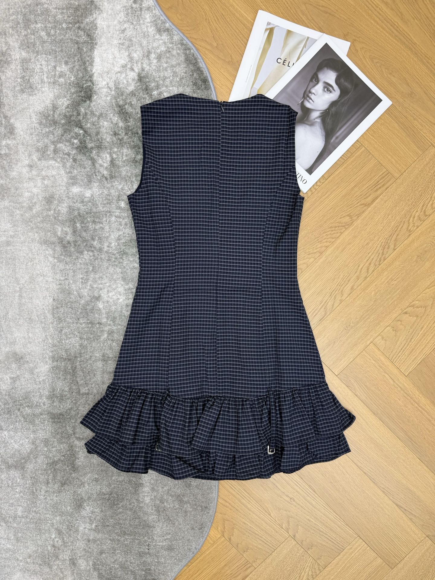 Miumiu 2026 Plaid Sleeveless Dress Navy Blue Cotton