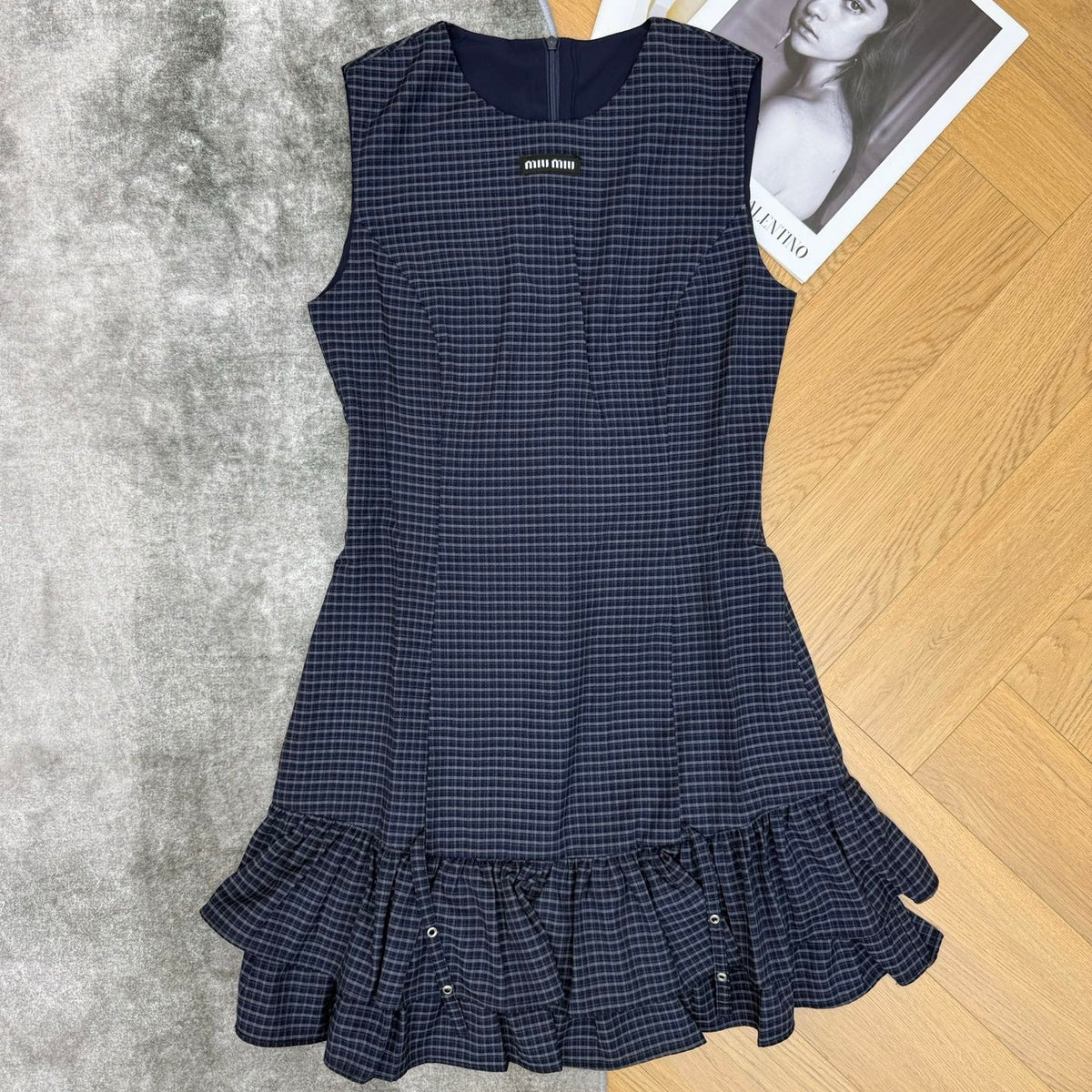 Miumiu 2026 Plaid Sleeveless Dress Navy Blue Cotton