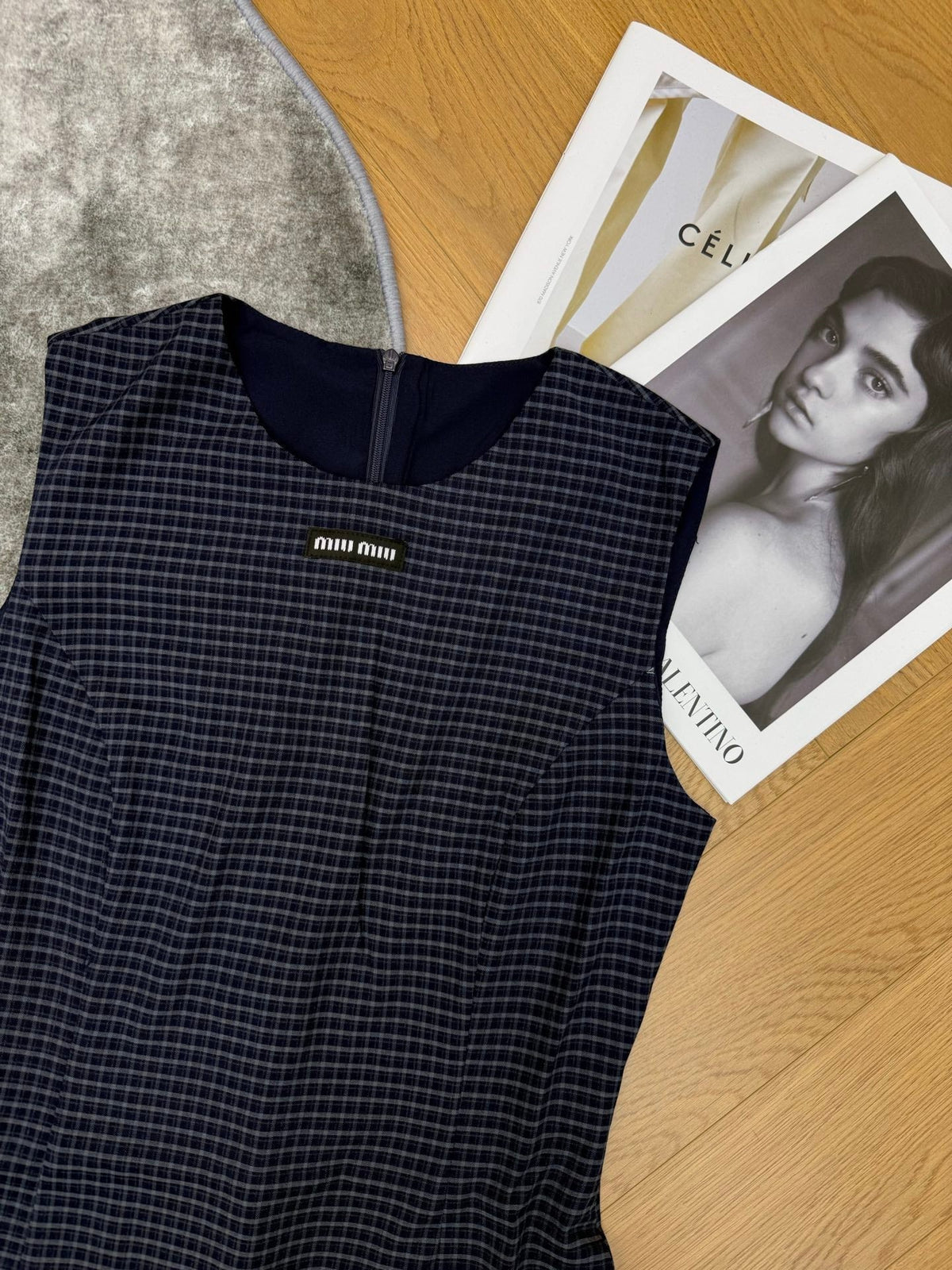 Miumiu 2026 Plaid Sleeveless Dress Navy Blue Cotton
