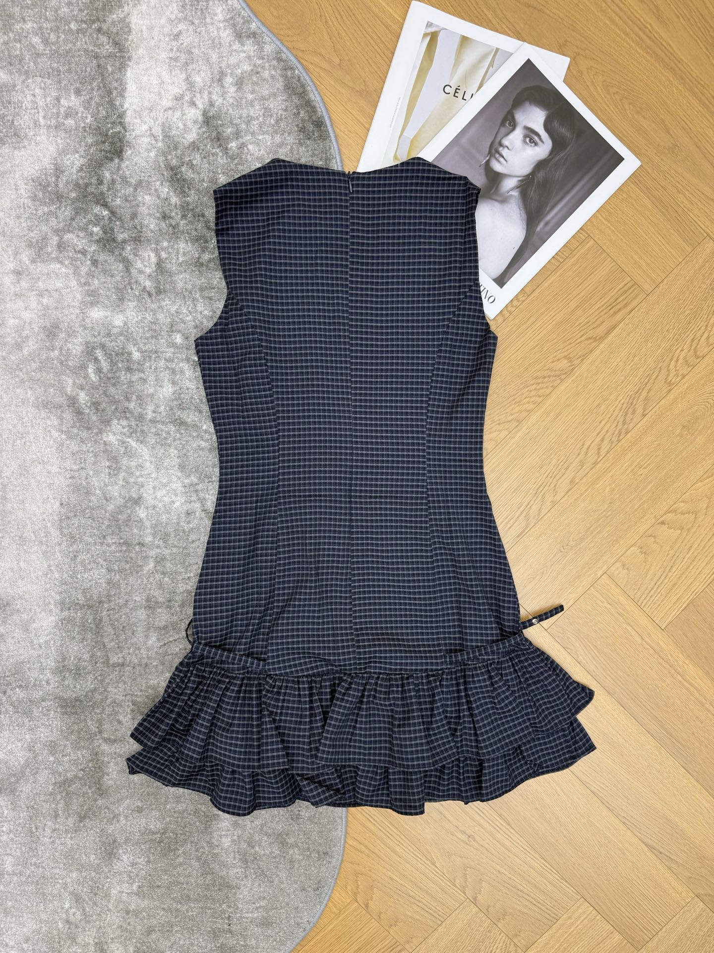 Miumiu 2026 Plaid Sleeveless Dress Navy Blue Cotton