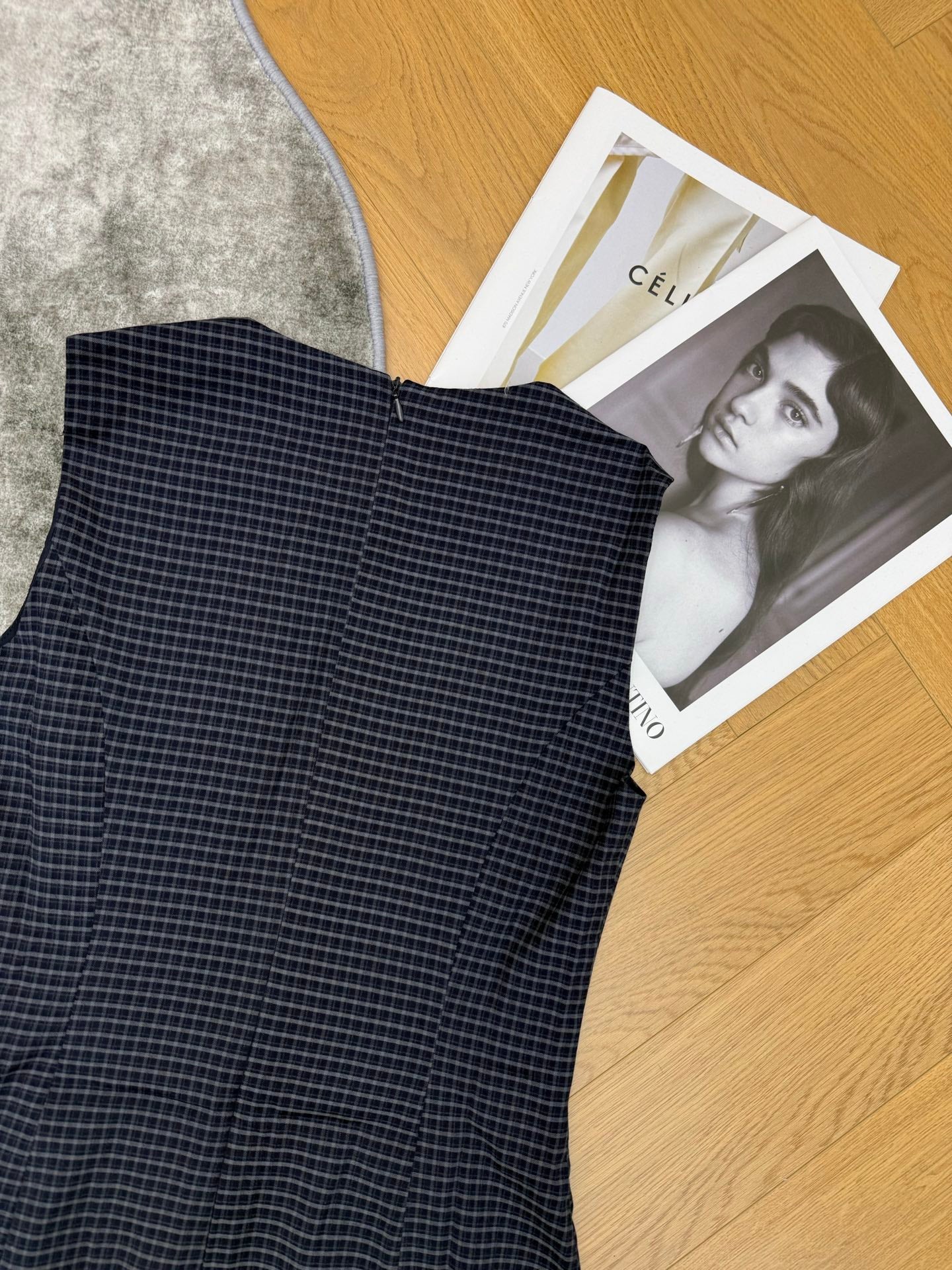 Miumiu 2026 Plaid Sleeveless Dress Navy Blue Cotton