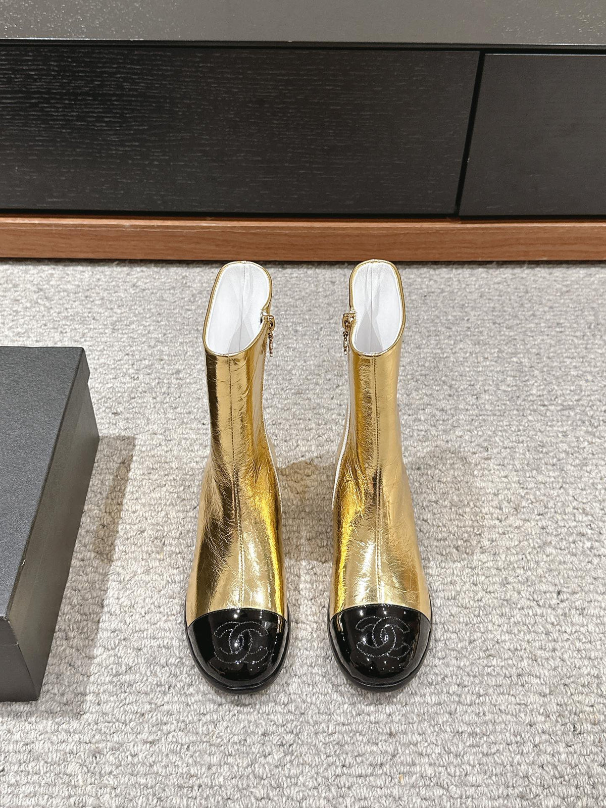CC Short Boot Gold Metalic Lambskin Black Patent Calfskin