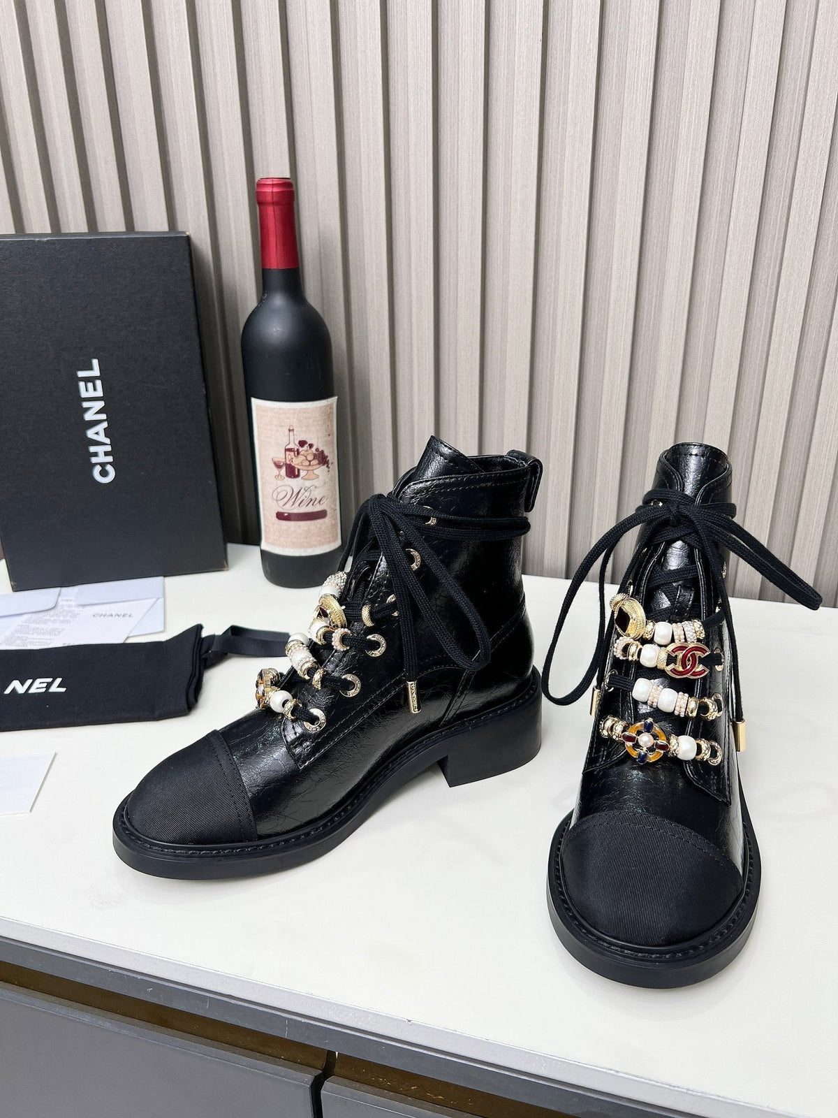 CC Combat Boots 50mm Black Glossy Calfskin And Lycra Fabric 944549
