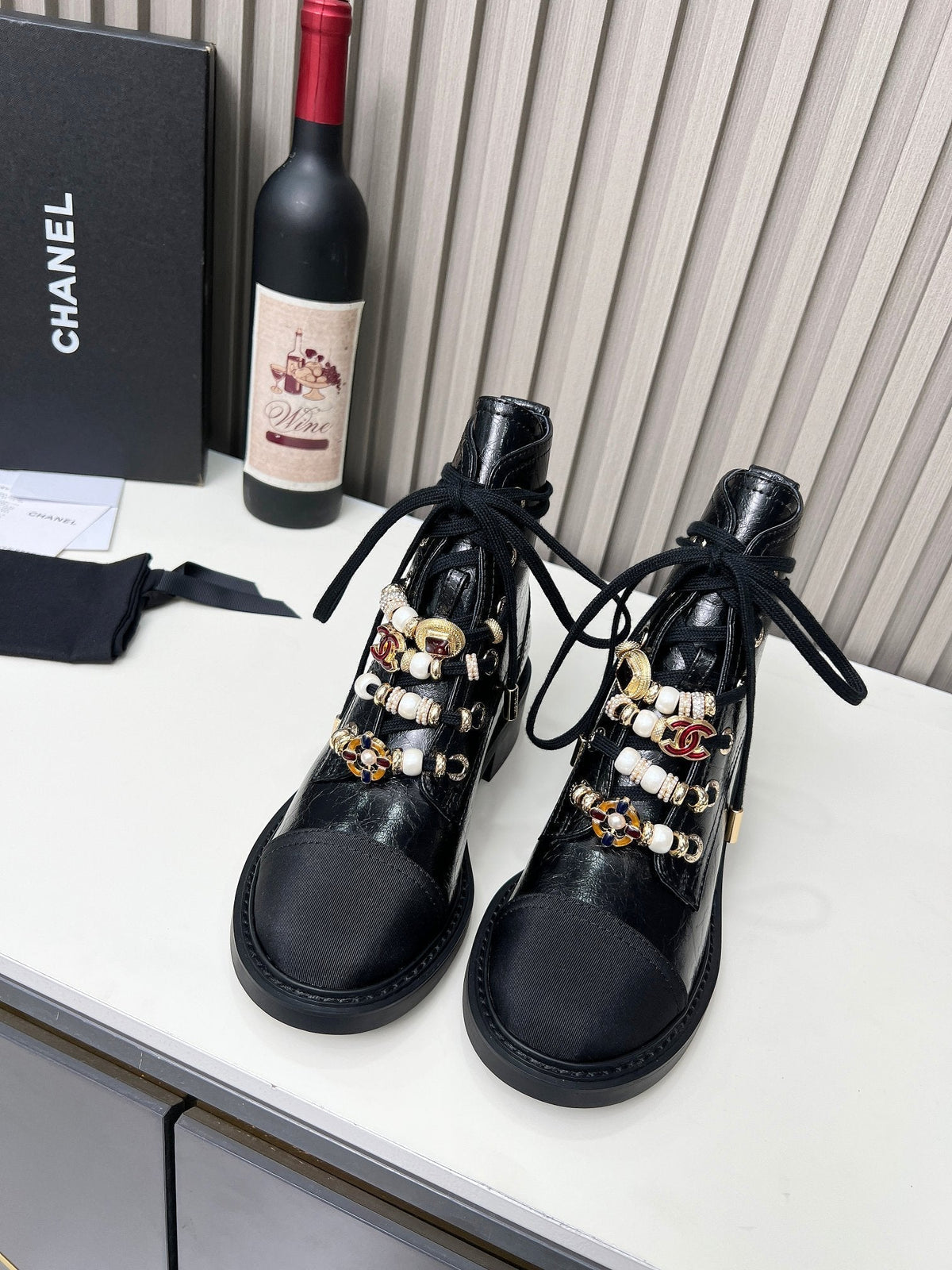 CC Combat Boots 50mm Black Glossy Calfskin And Lycra Fabric 944549