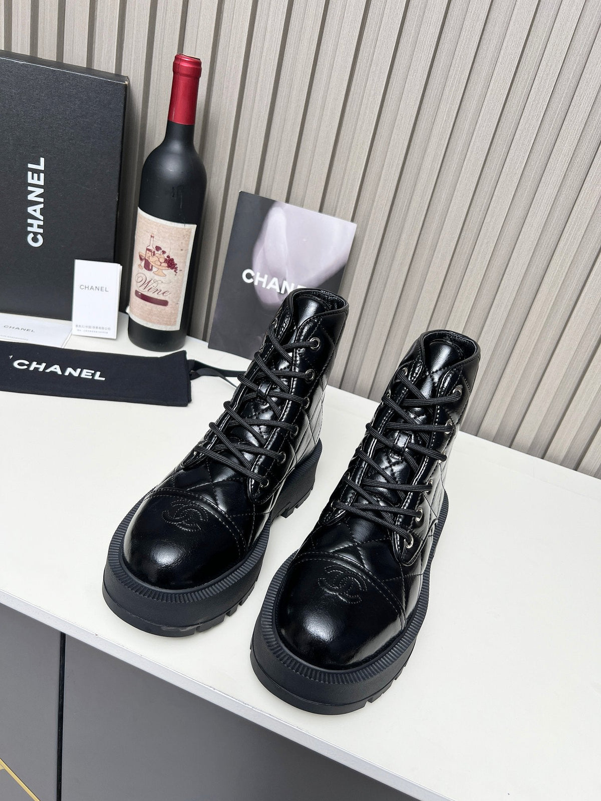 CC Combat Boots In Glossy Black Quilted Lambskin  944580