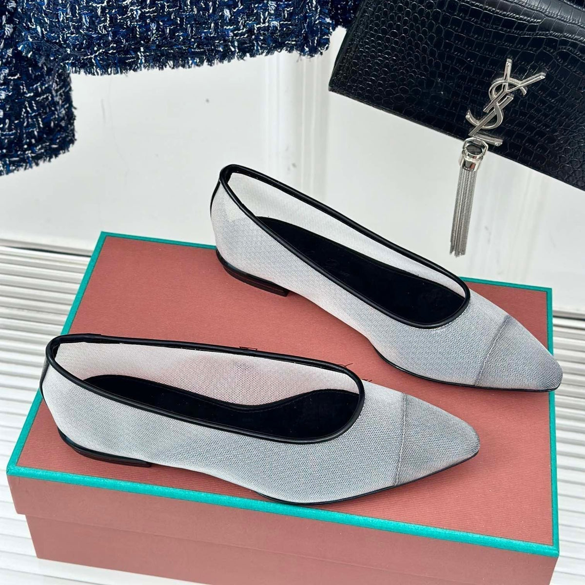 LP Primula Ballet Flat In White Mix Black Mesh Fabric With Suede Lining 989402
