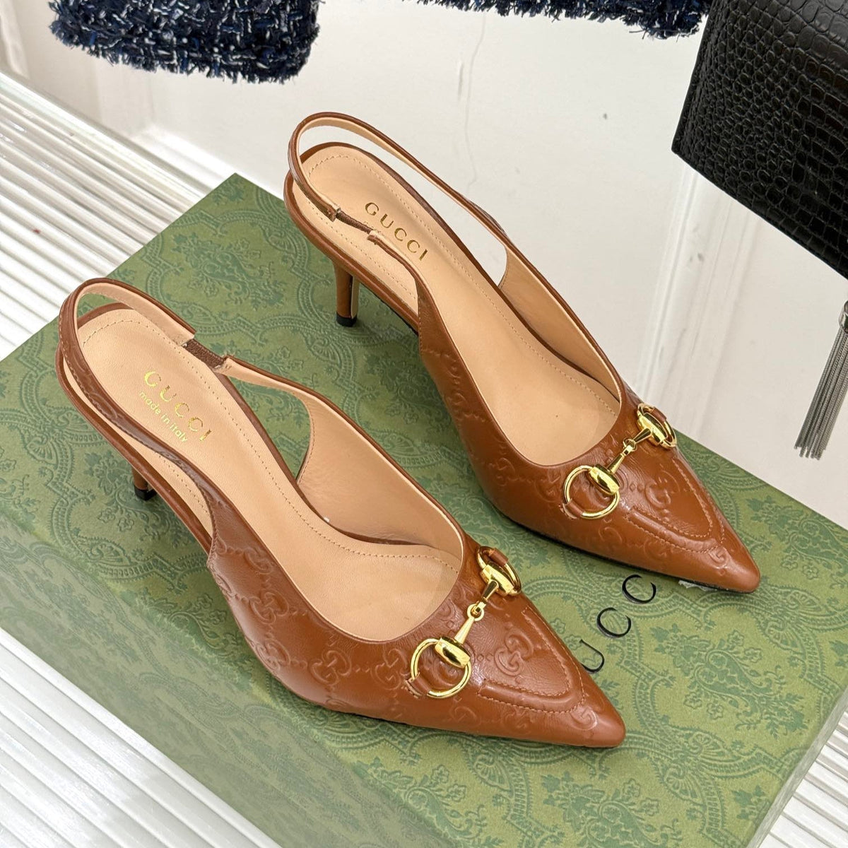GG Horsebit Slingback 85MM Brown GG Leather Point Toe