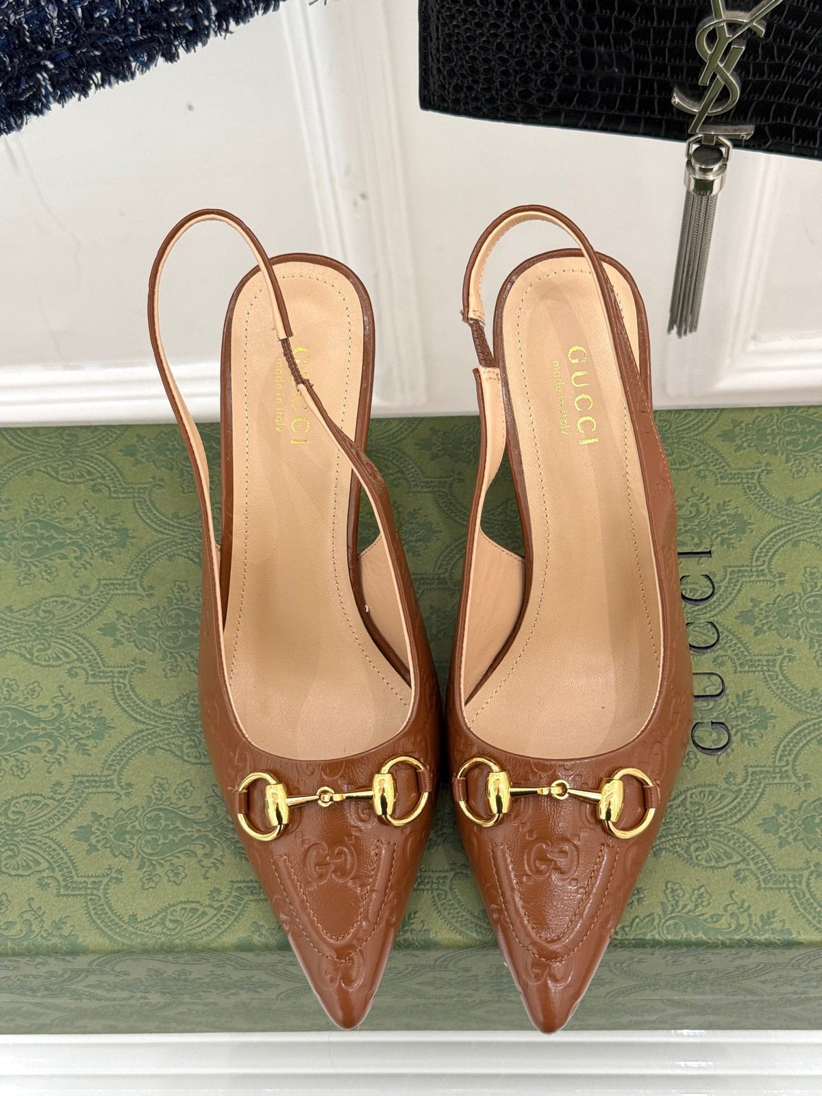 GG Horsebit Slingback 85MM Brown GG Leather Point Toe