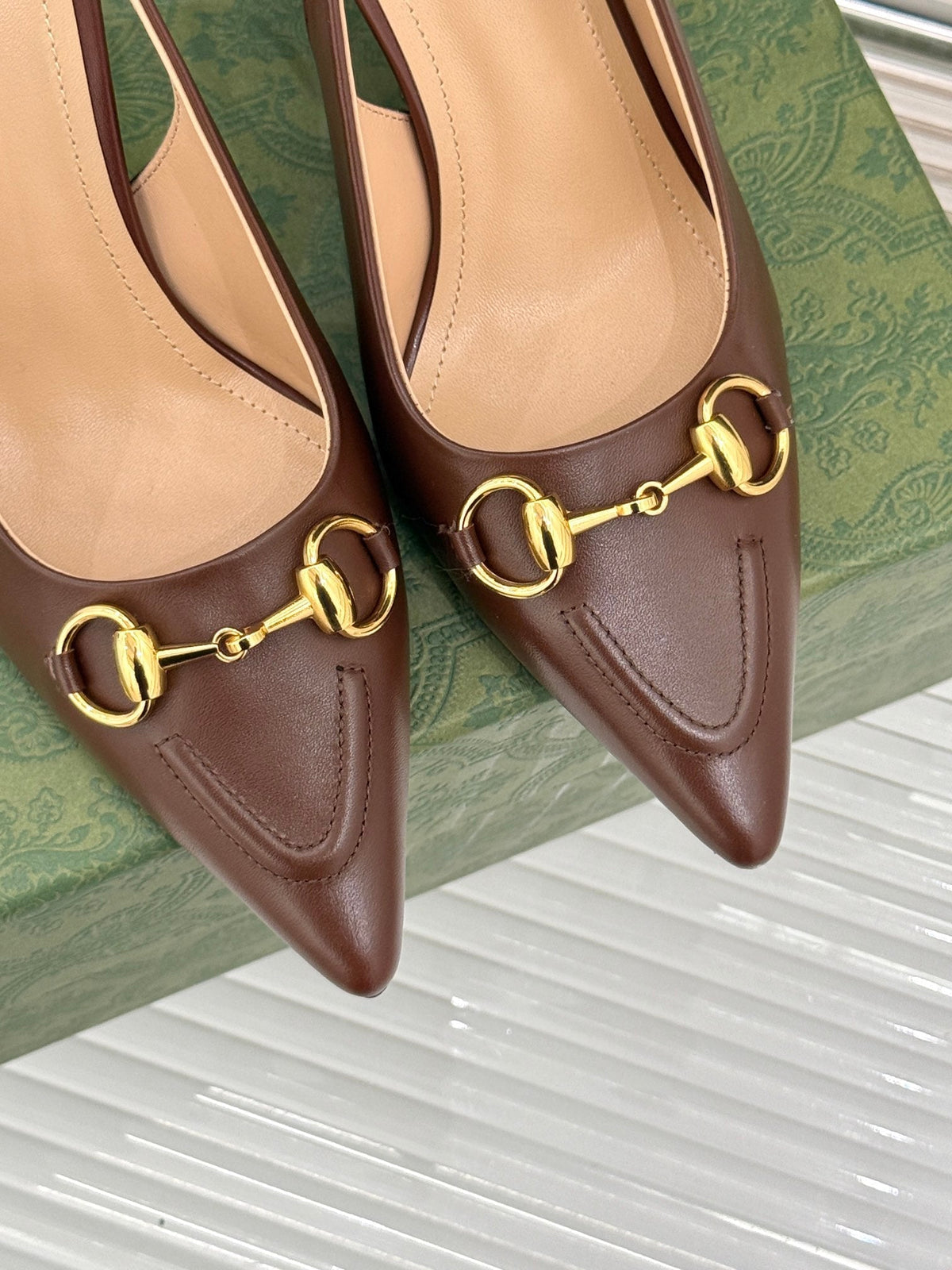 GG Horsebit Slingback 85MM Brown Leather Point Toe
