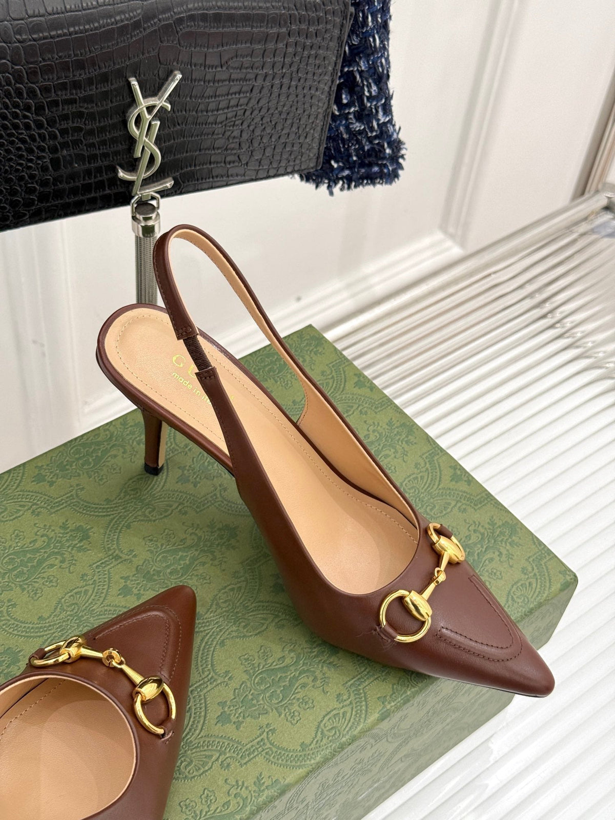 GG Horsebit Slingback 85MM Brown Leather Point Toe