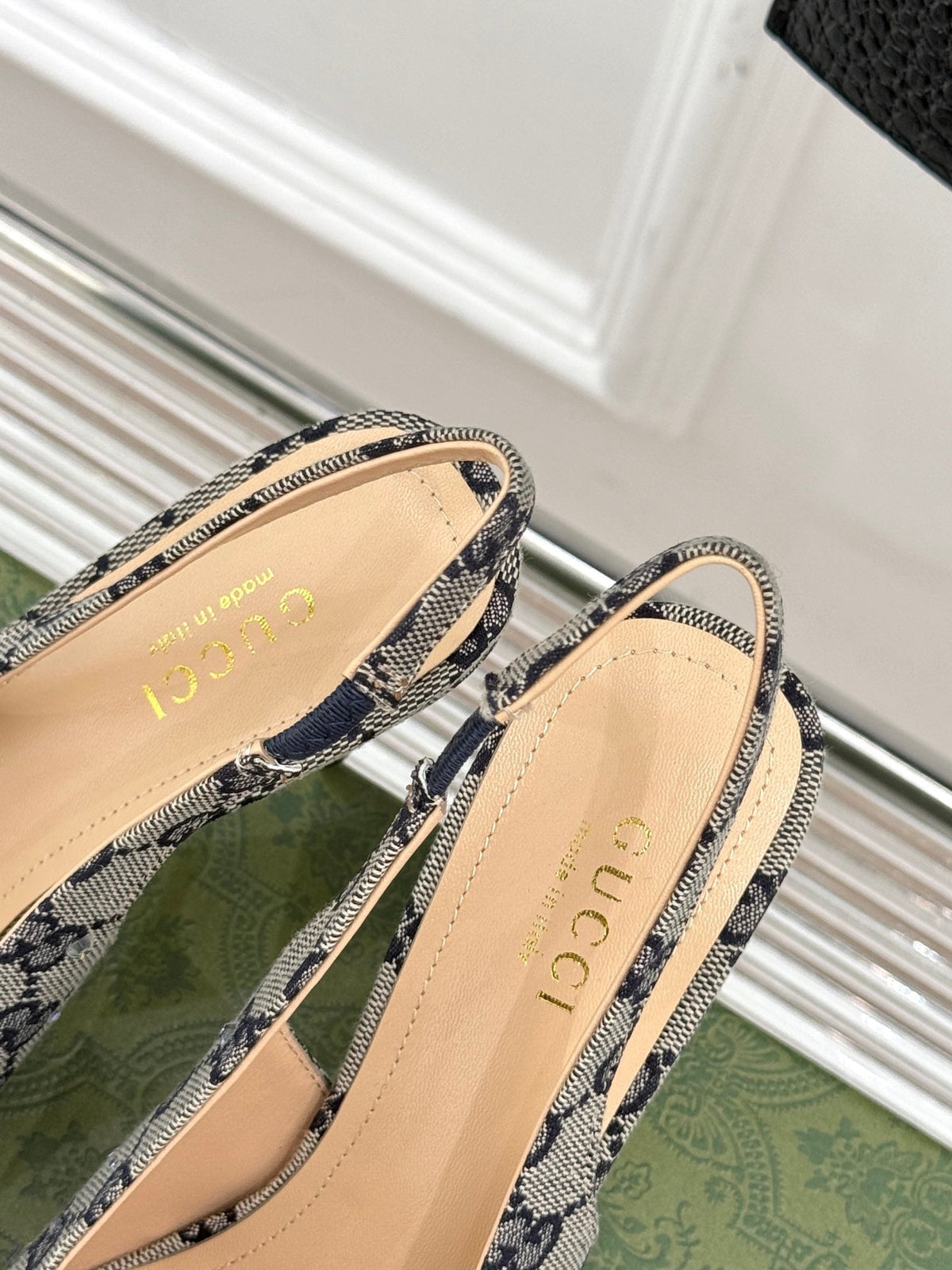 GG Horsebit Slingback 85MM Beige Black Monogram Canvas Point Toe Crystal-Embellished