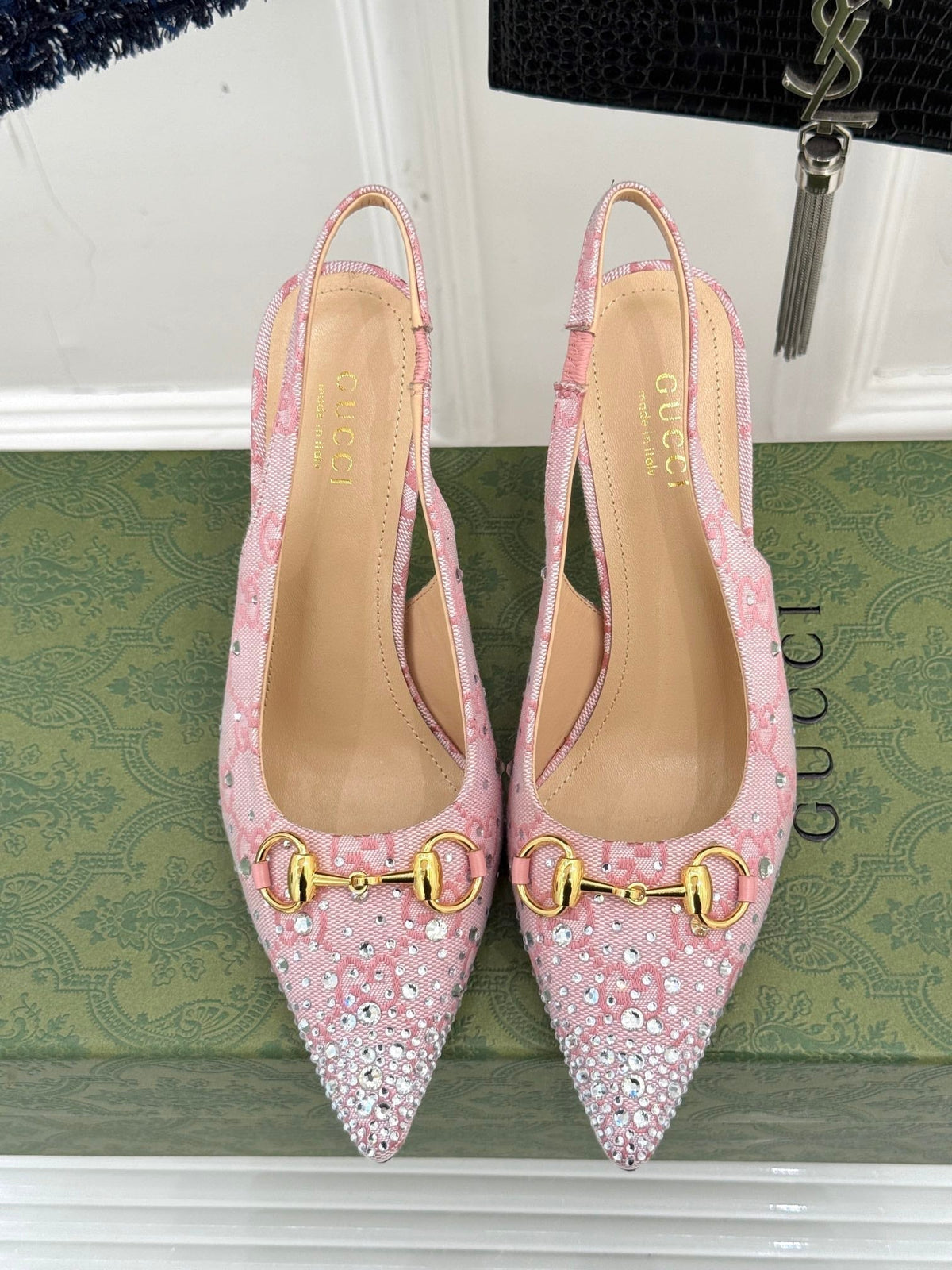 GG Horsebit Slingback 85MM Beige Pink Monogram Canvas Point Toe Crystal-Embellished
