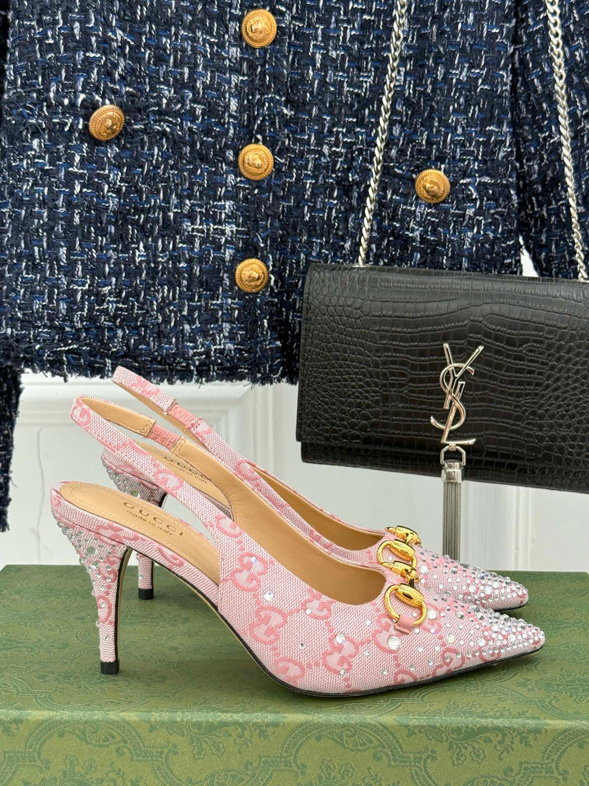 GG Horsebit Slingback 85MM Beige Pink Monogram Canvas Point Toe Crystal-Embellished