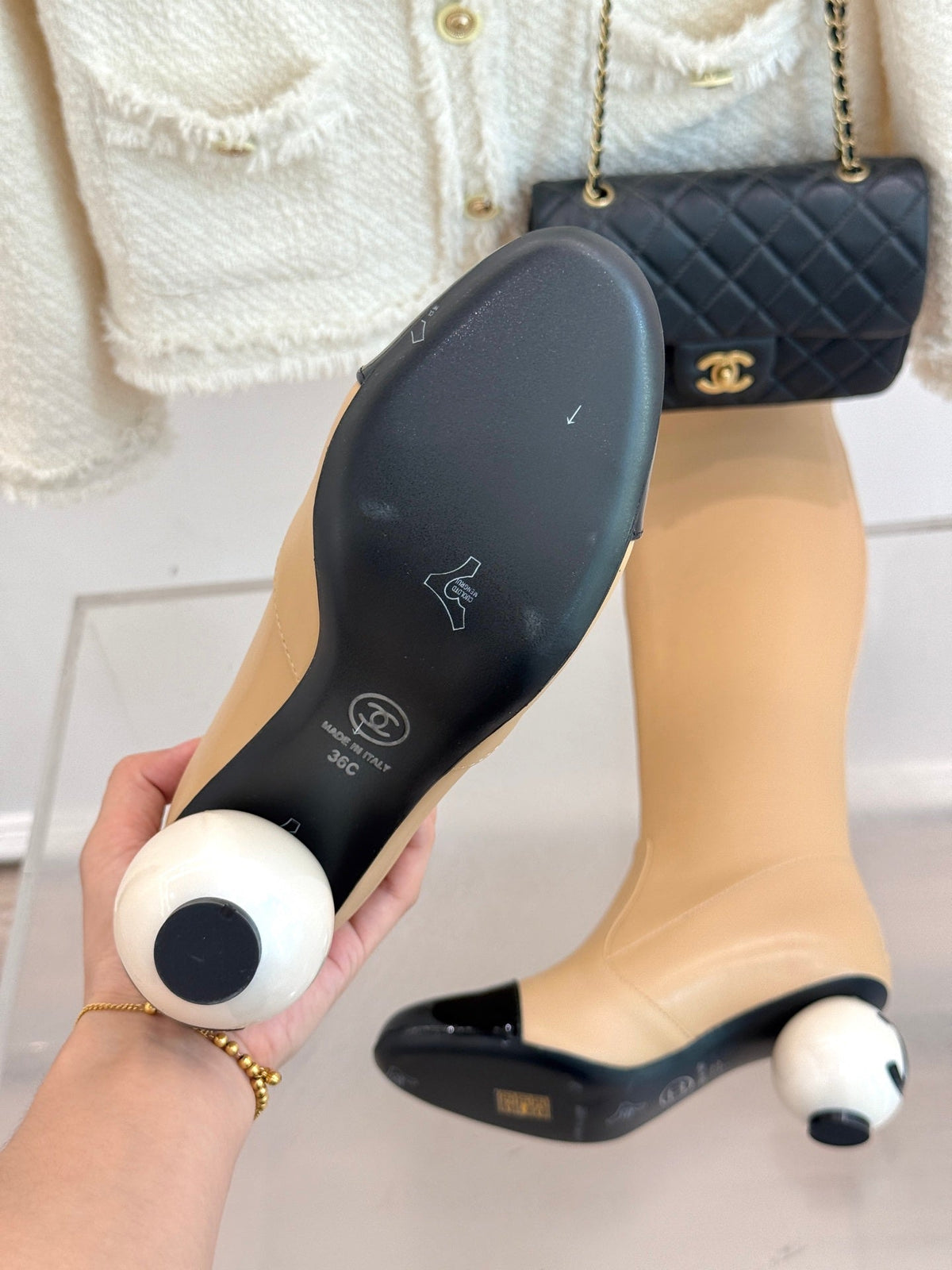 Chanel 25 Double C Giant Pearl Heel Long Boot Beige Black Sheepskin 465411