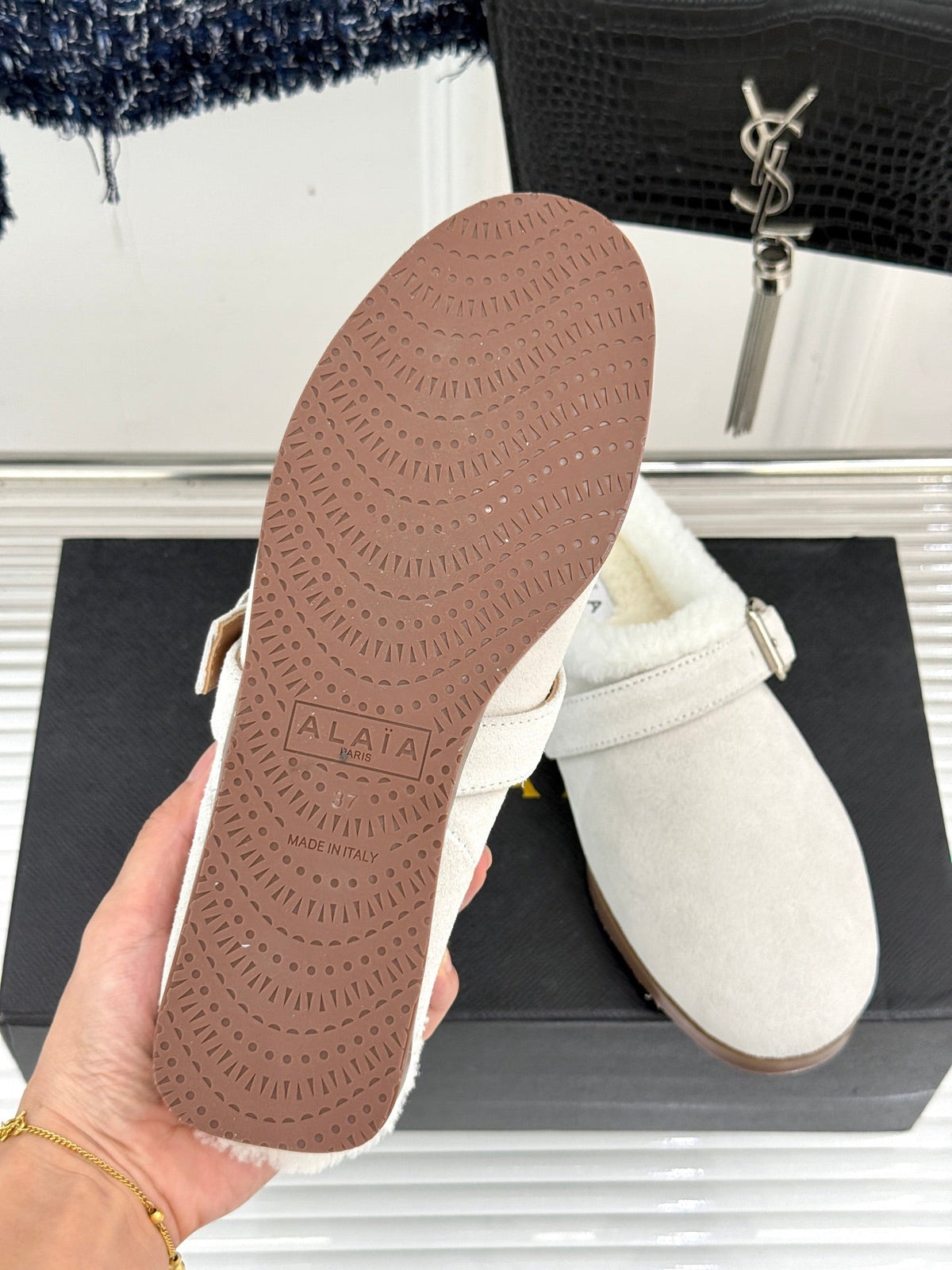 Alaia 25WF slippers belt buckle white suede wool 472228