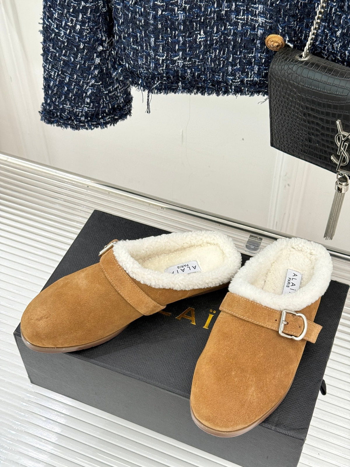 Alaia 25WF slippers belt buckle caramel brown suede wool 472229