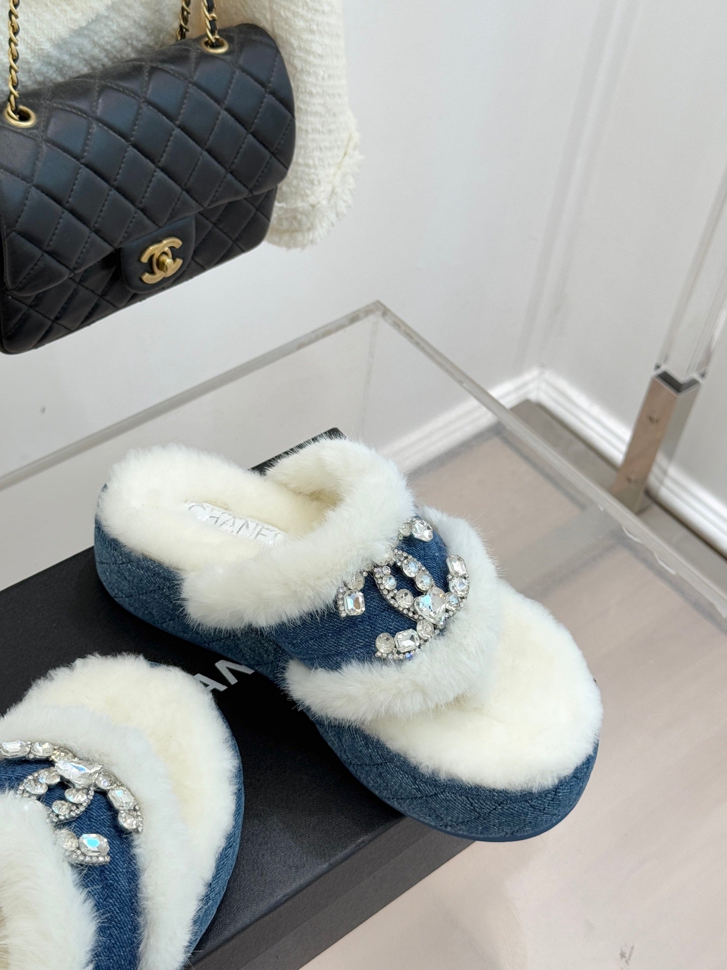 CC slipper double C rhinestone buckle white blue wool 512053