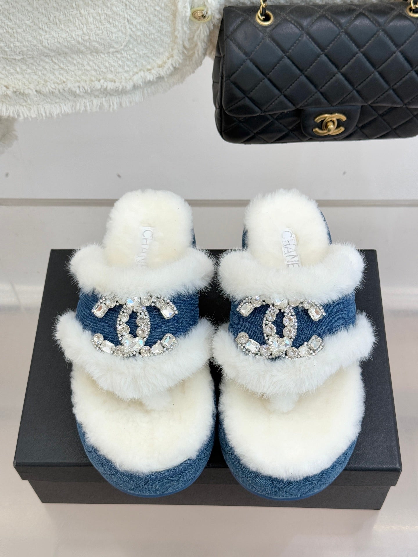 CC slipper double C rhinestone buckle white blue wool 512053