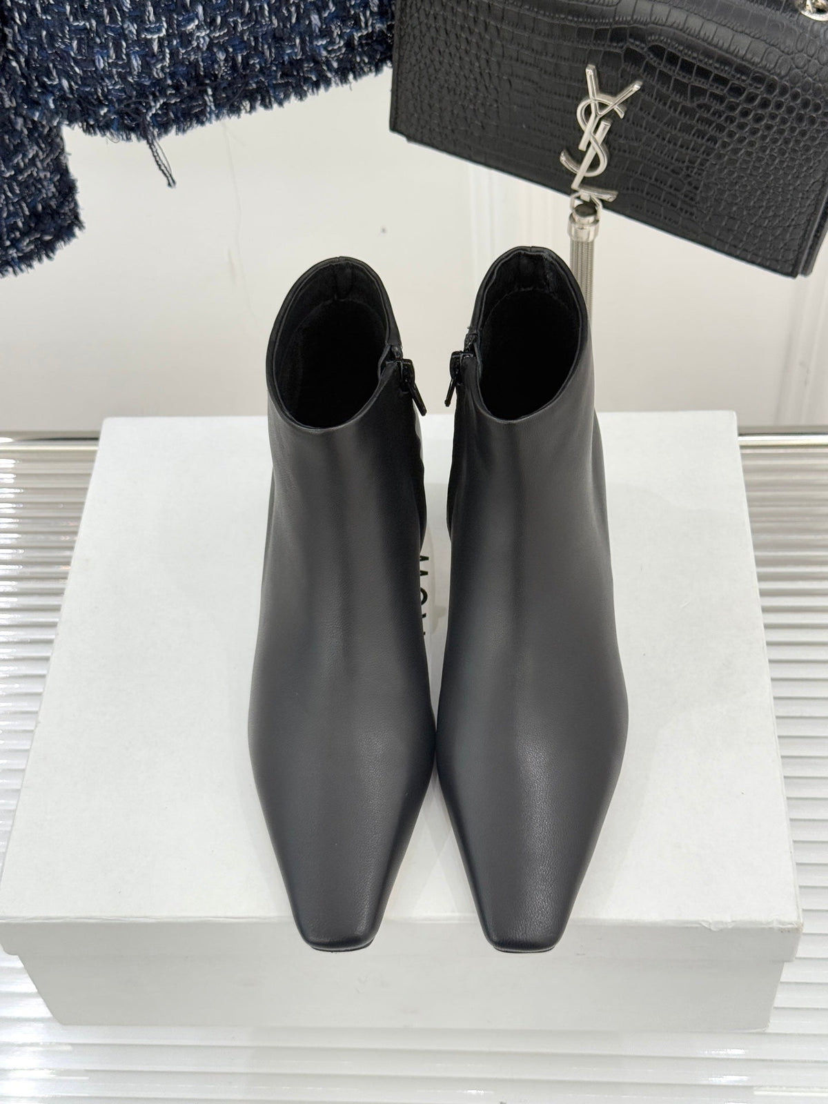 The Row 2025  Square Toe Kitten Heel Ankle Boot Black Sheepskin 572054