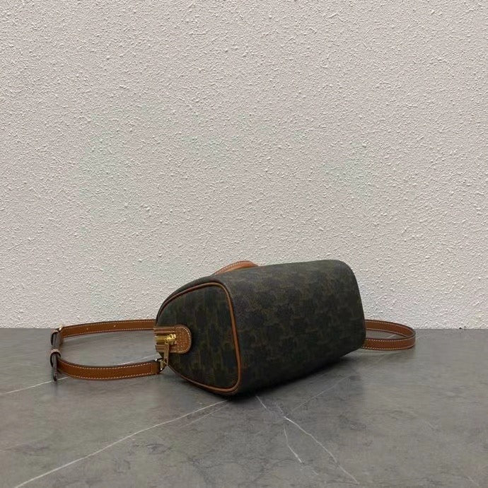 Celine 2026 Boston Bag 19.5cm Black Brown Triomphe Canvas Calfskin 281911