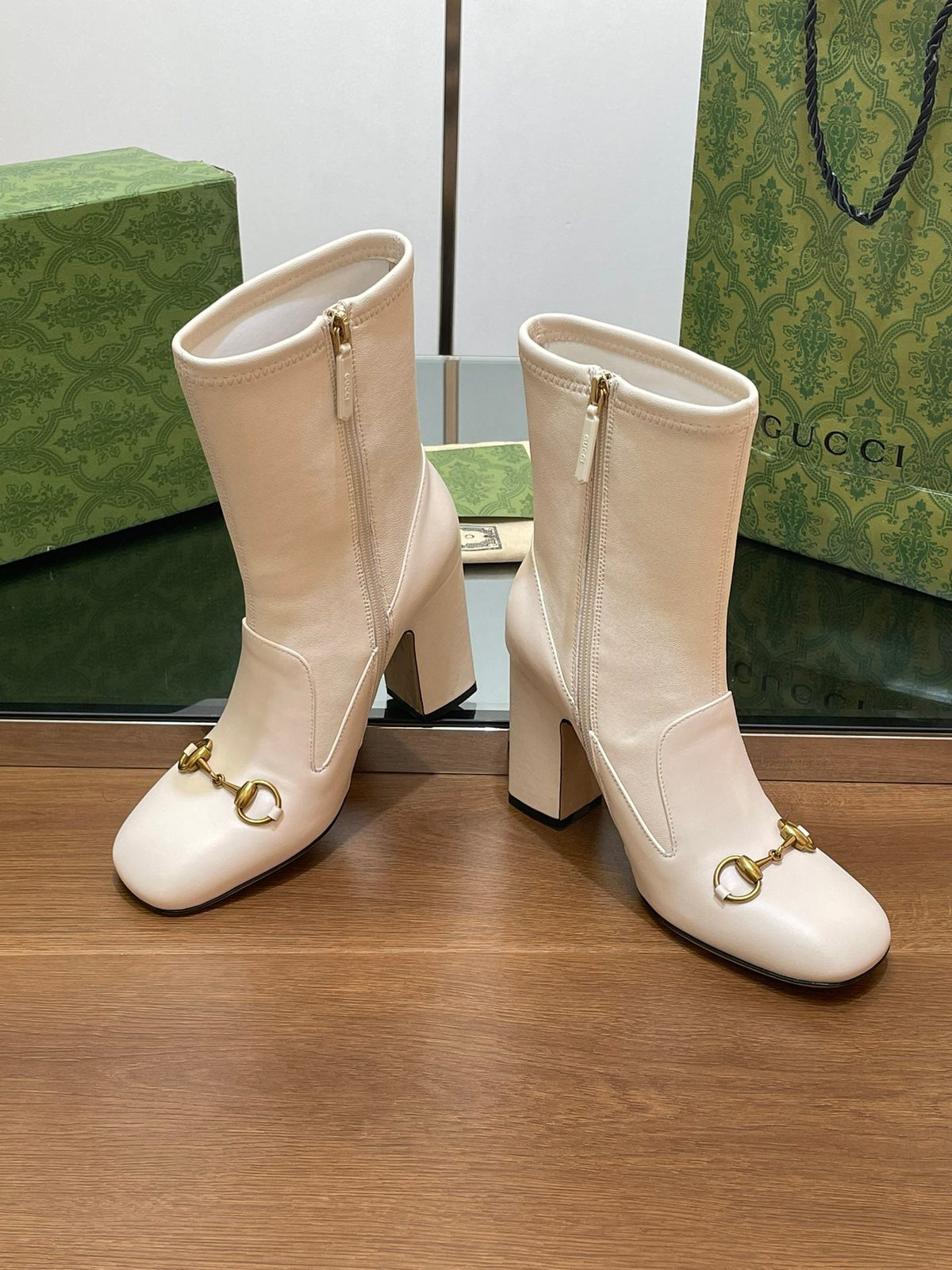 GG Horsebit Ankle Boot 95 Cream Calfskin
