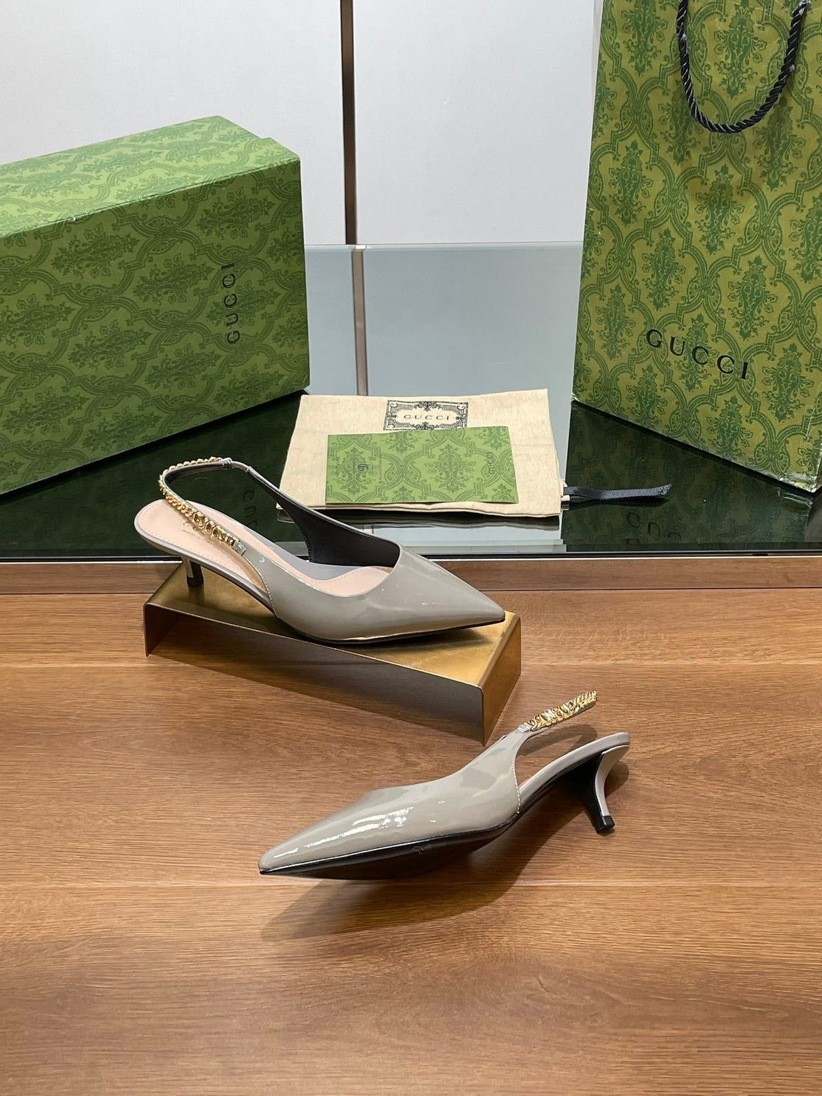 GG HIGH SLINGBACK 4.5 CM IN DOVE GREY GLOSSY CALFSKIN