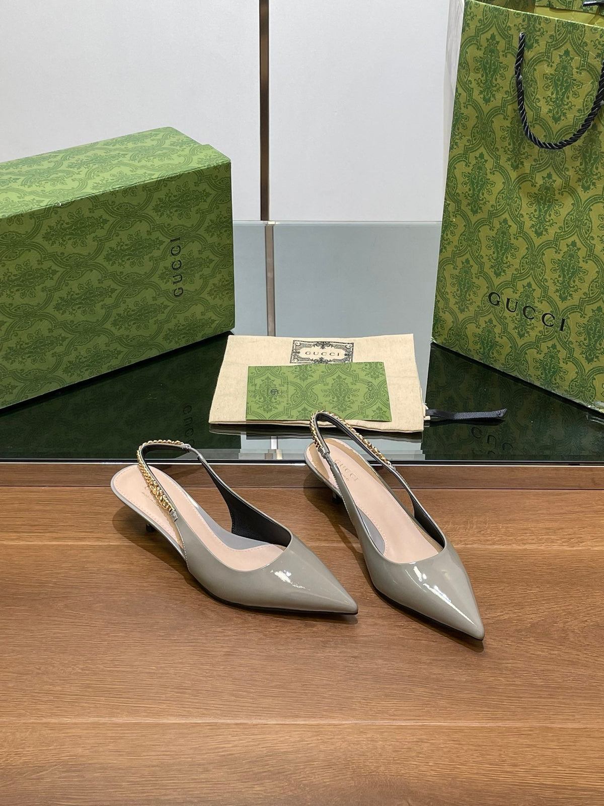 GG HIGH SLINGBACK 4.5 CM IN DOVE GREY GLOSSY CALFSKIN