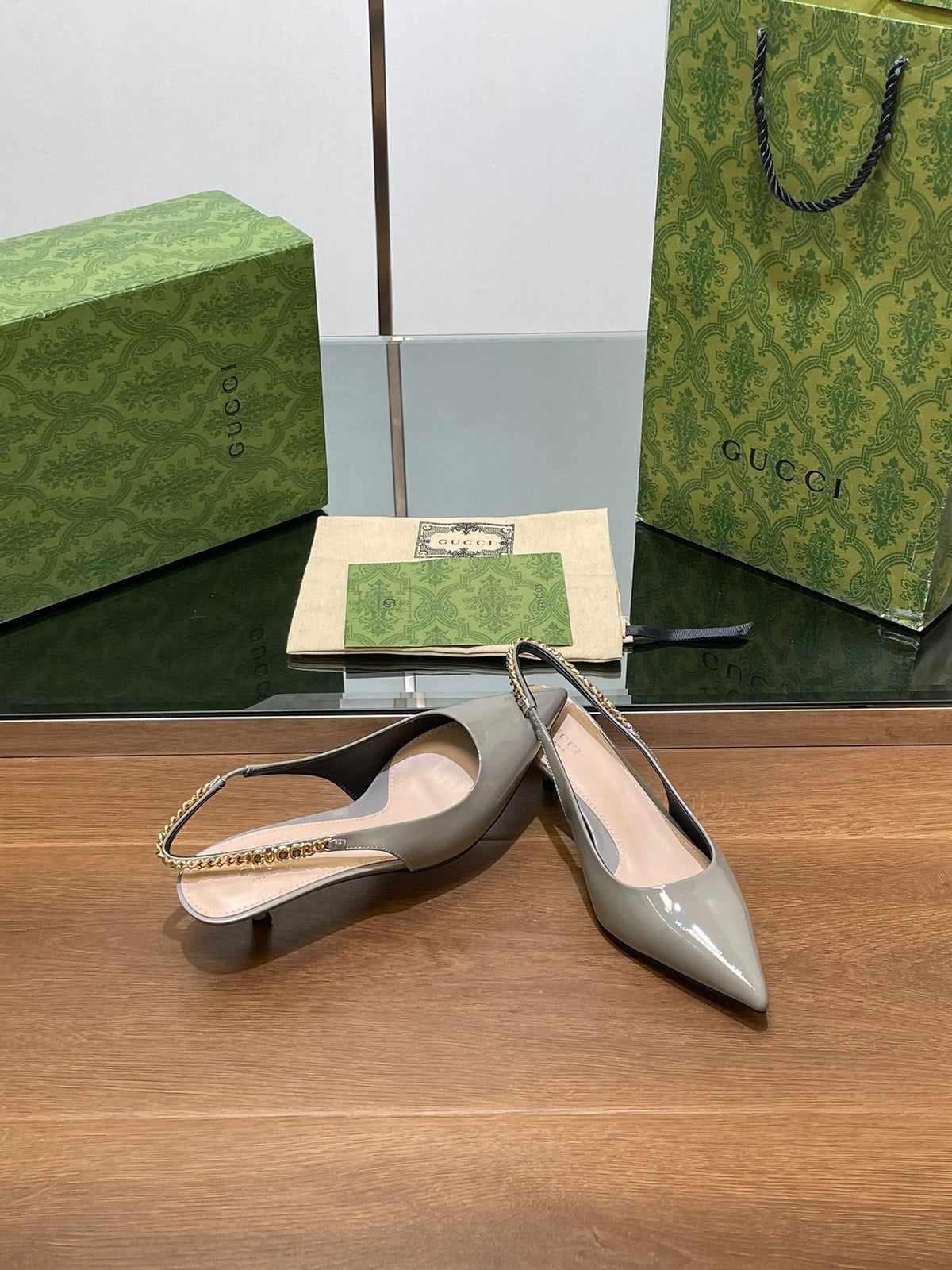 GG HIGH SLINGBACK 4.5 CM IN DOVE GREY GLOSSY CALFSKIN