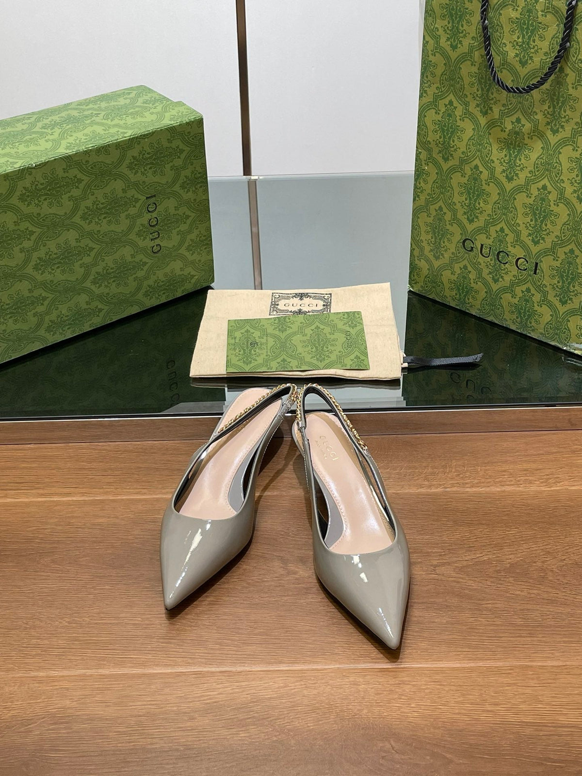 GG HIGH SLINGBACK 4.5 CM IN DOVE GREY GLOSSY CALFSKIN