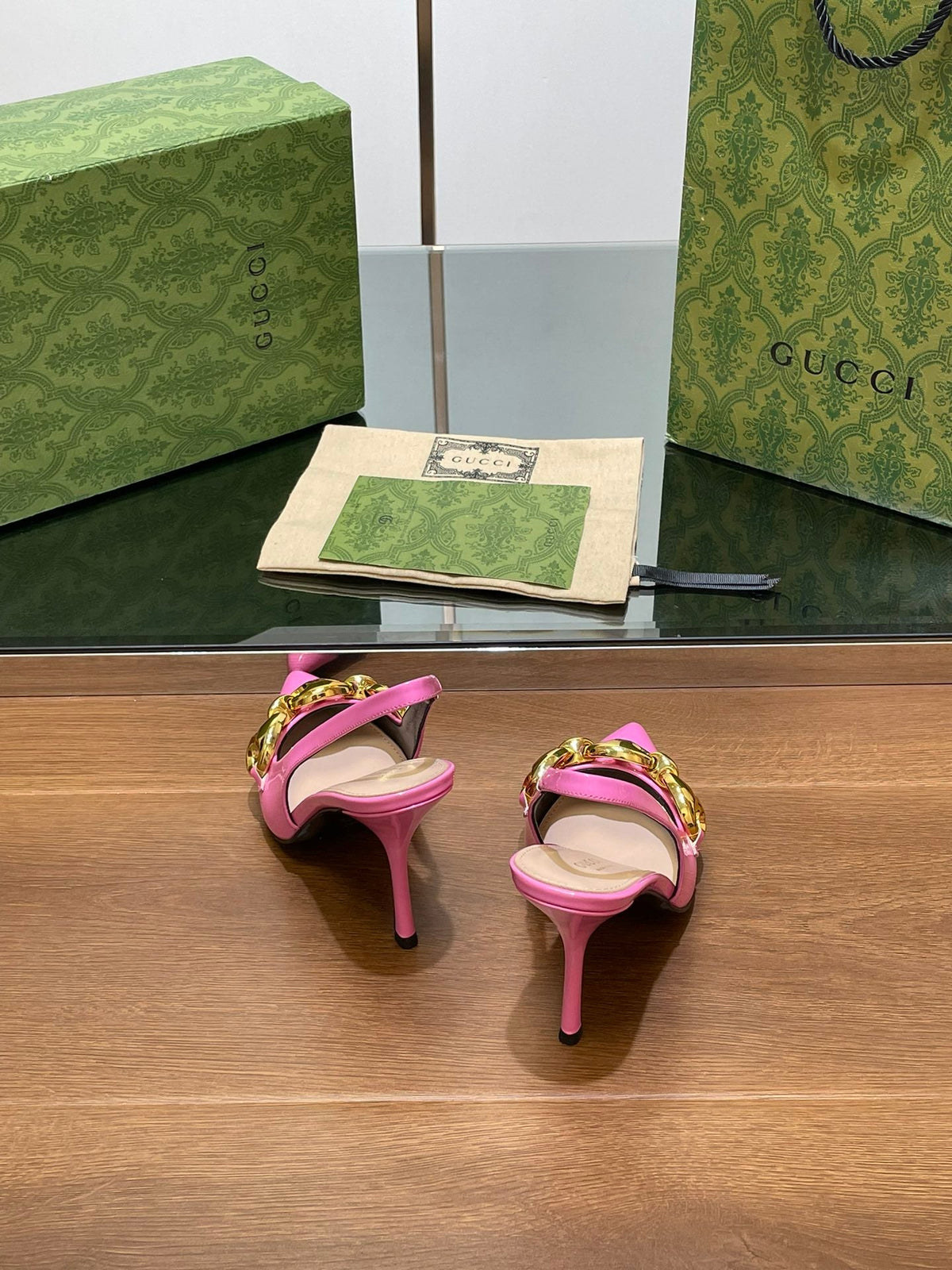 GG HIGH SLINGBACK 10.5 CM IN FUSICA PINK GLOSSY CALFSKIN
