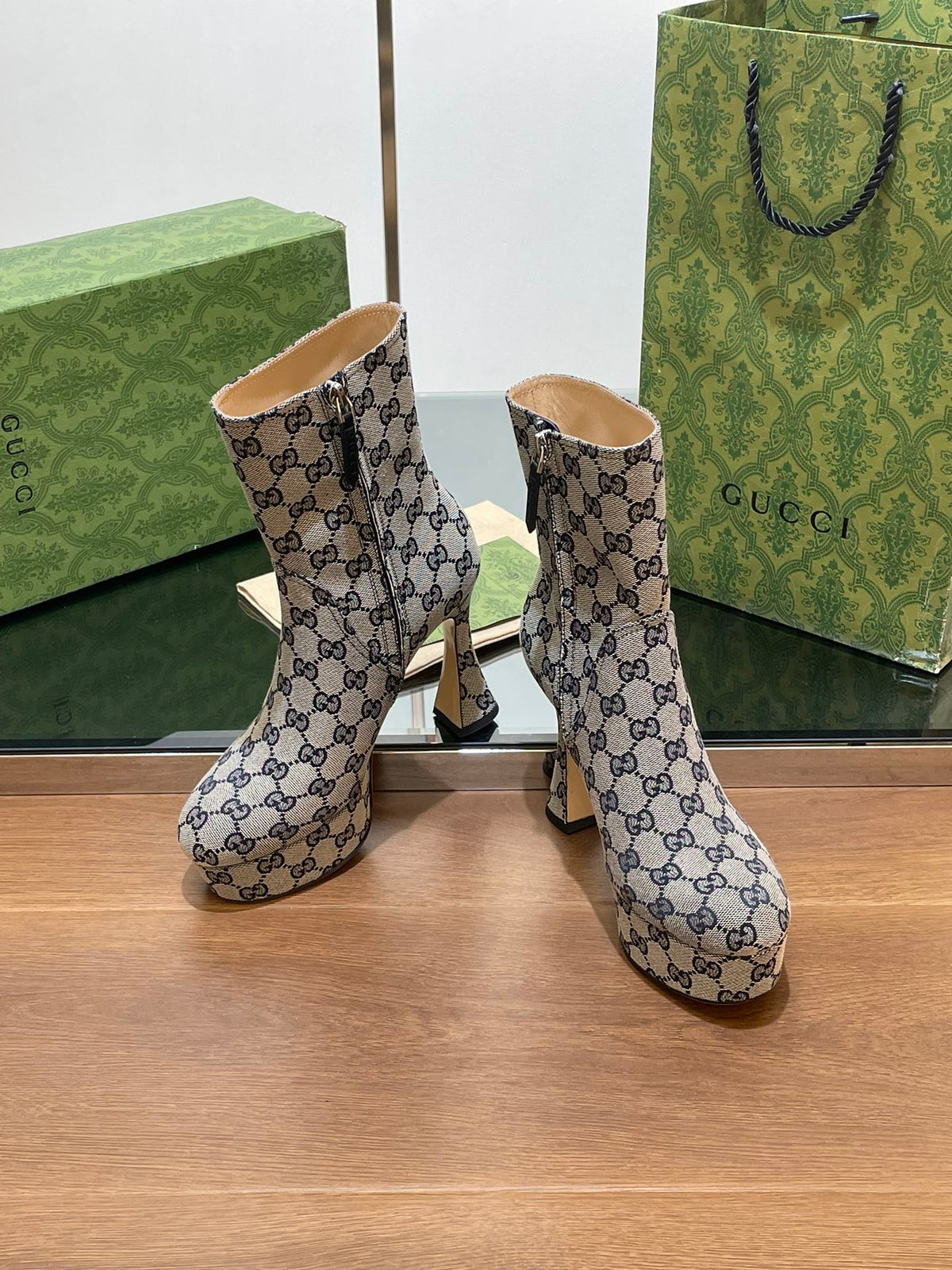 GG SHORT BOOTS 11.5 CM IN BLACK MIX BEIGE MONOGRAM JACQUARD FABRIC