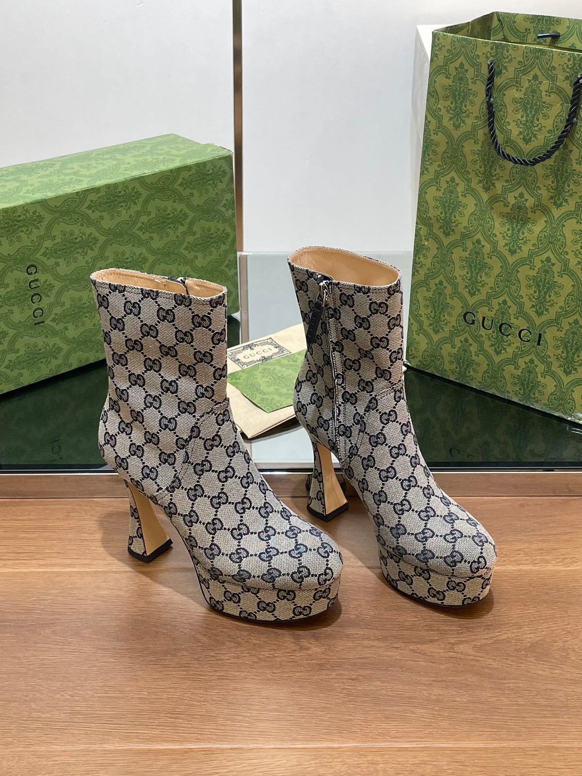 GG SHORT BOOTS 11.5 CM IN BLACK MIX BEIGE MONOGRAM JACQUARD FABRIC