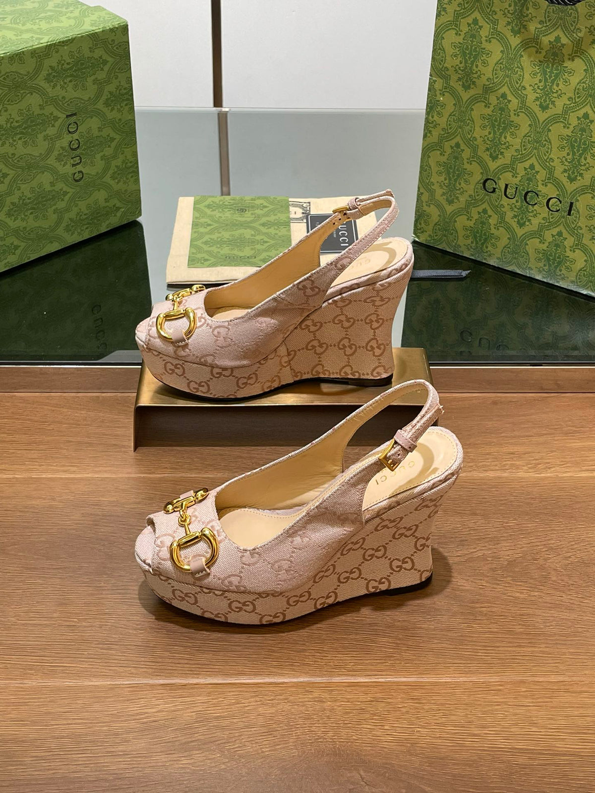 GG WEDGE PLATFORM IN ALMOND BEIGE MONOGRAM JACQUARD FABRIC