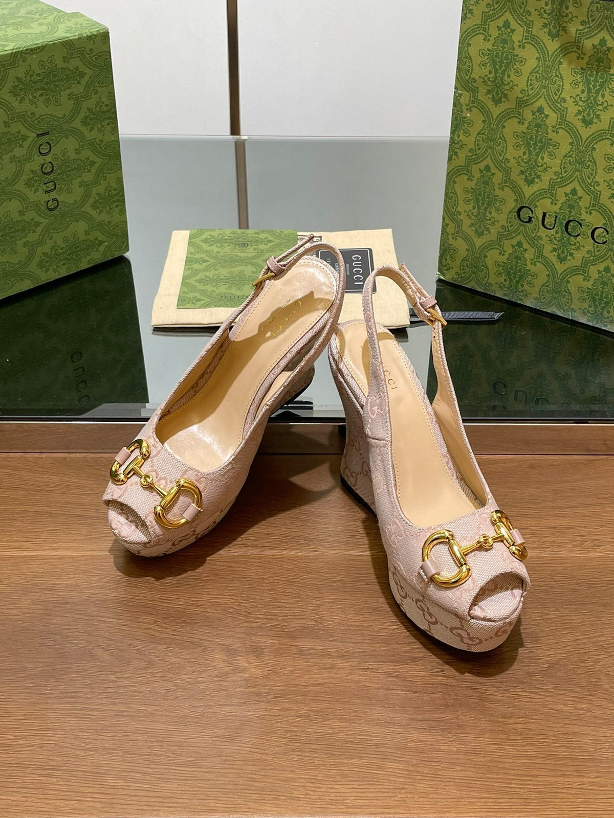GG WEDGE PLATFORM IN ALMOND BEIGE MONOGRAM JACQUARD FABRIC