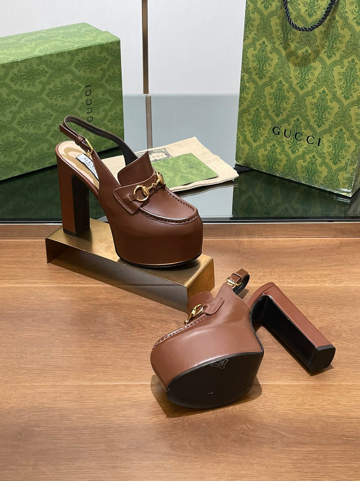 GG WOMEN'S HORSEBIT PLATFORM SLINGBACK IN DARK BROWN CALFSKIN