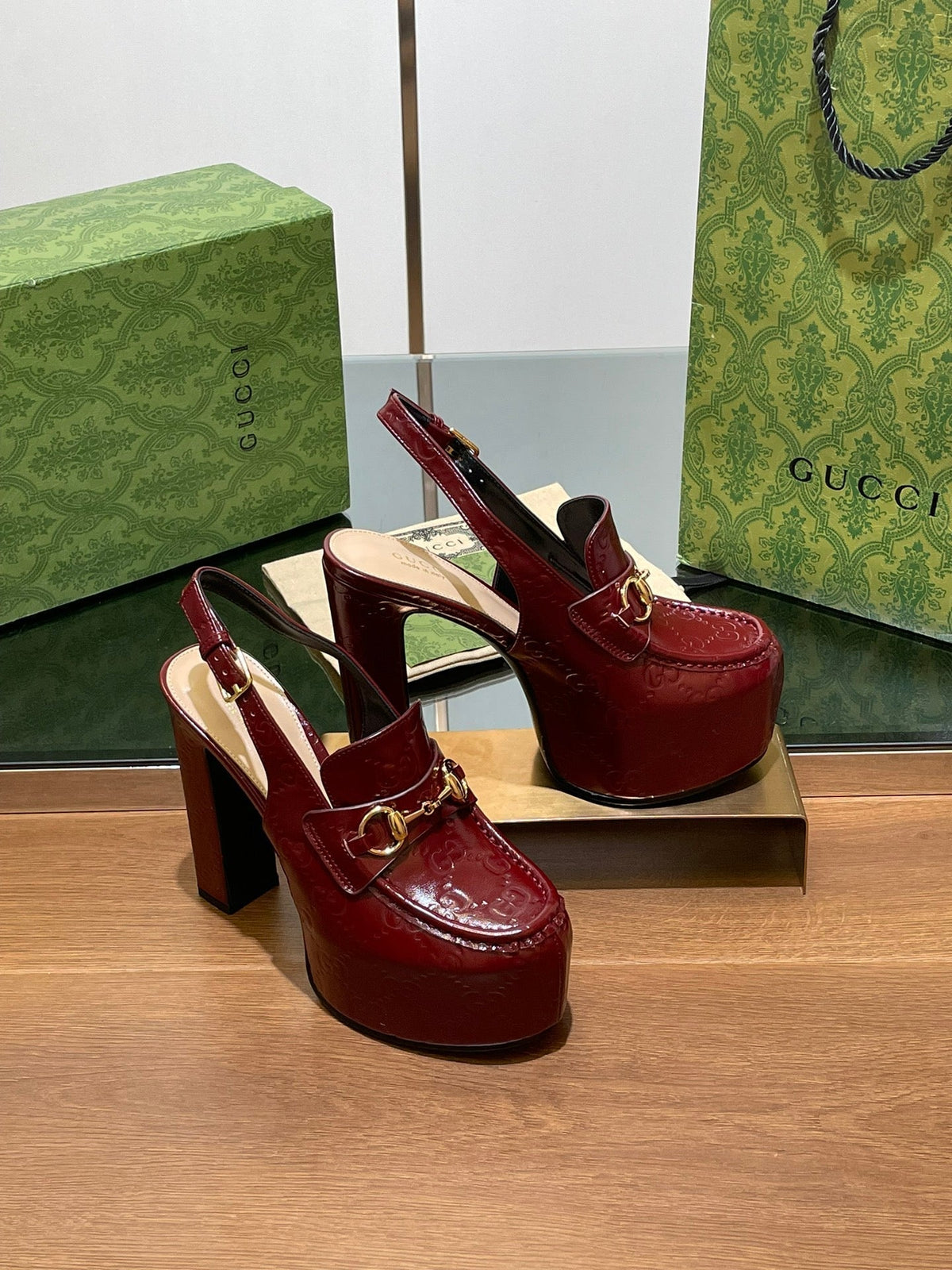 GG WOMEN'S HORSEBIT PLATFORM SLINGBACK IN  ROSSO ANCORA RED CALFSKIN