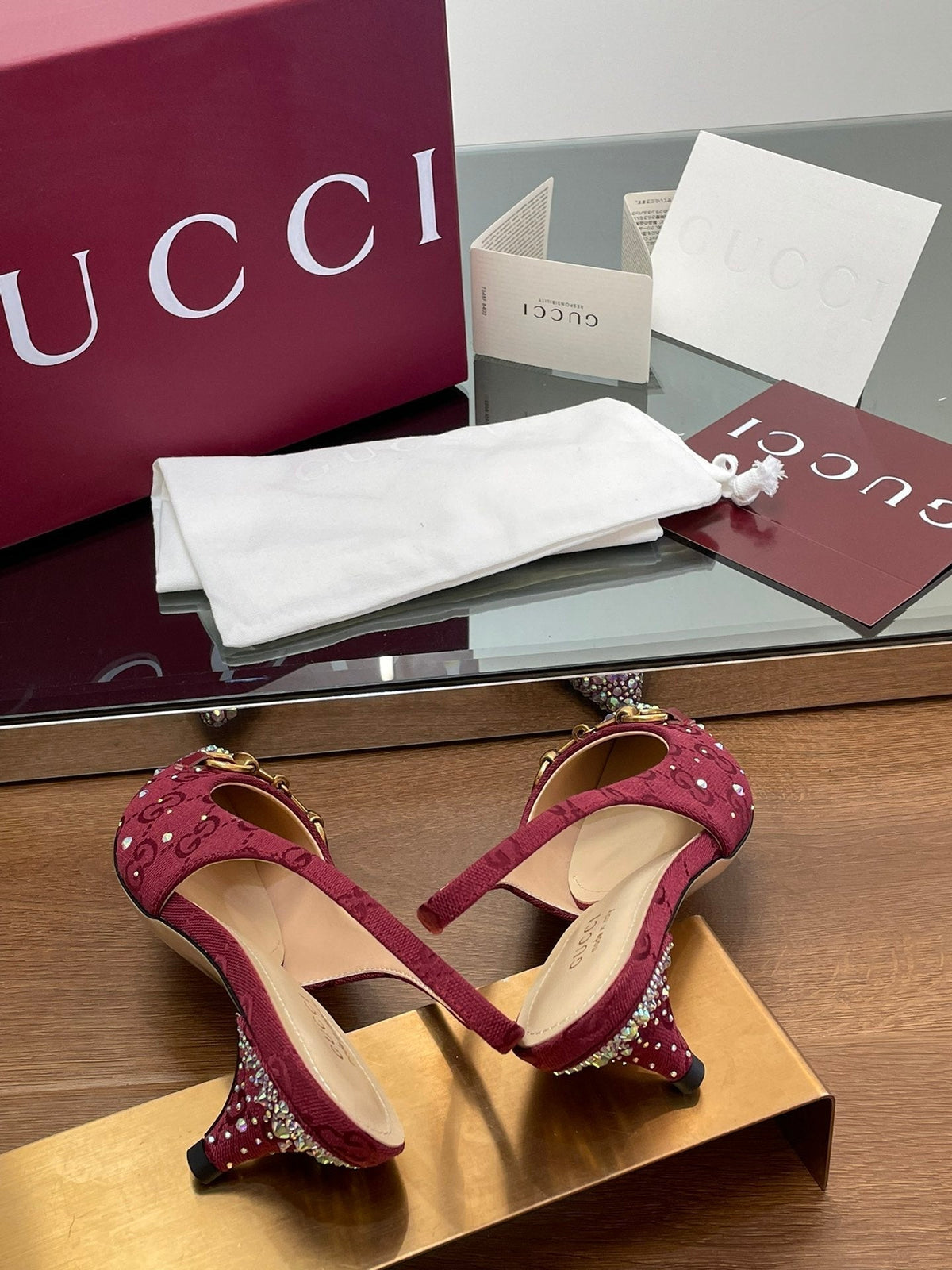 GG Horsebit Slingback 45MM Red Ebony Monogram Canvas Point Toe Crystal-Embellished
